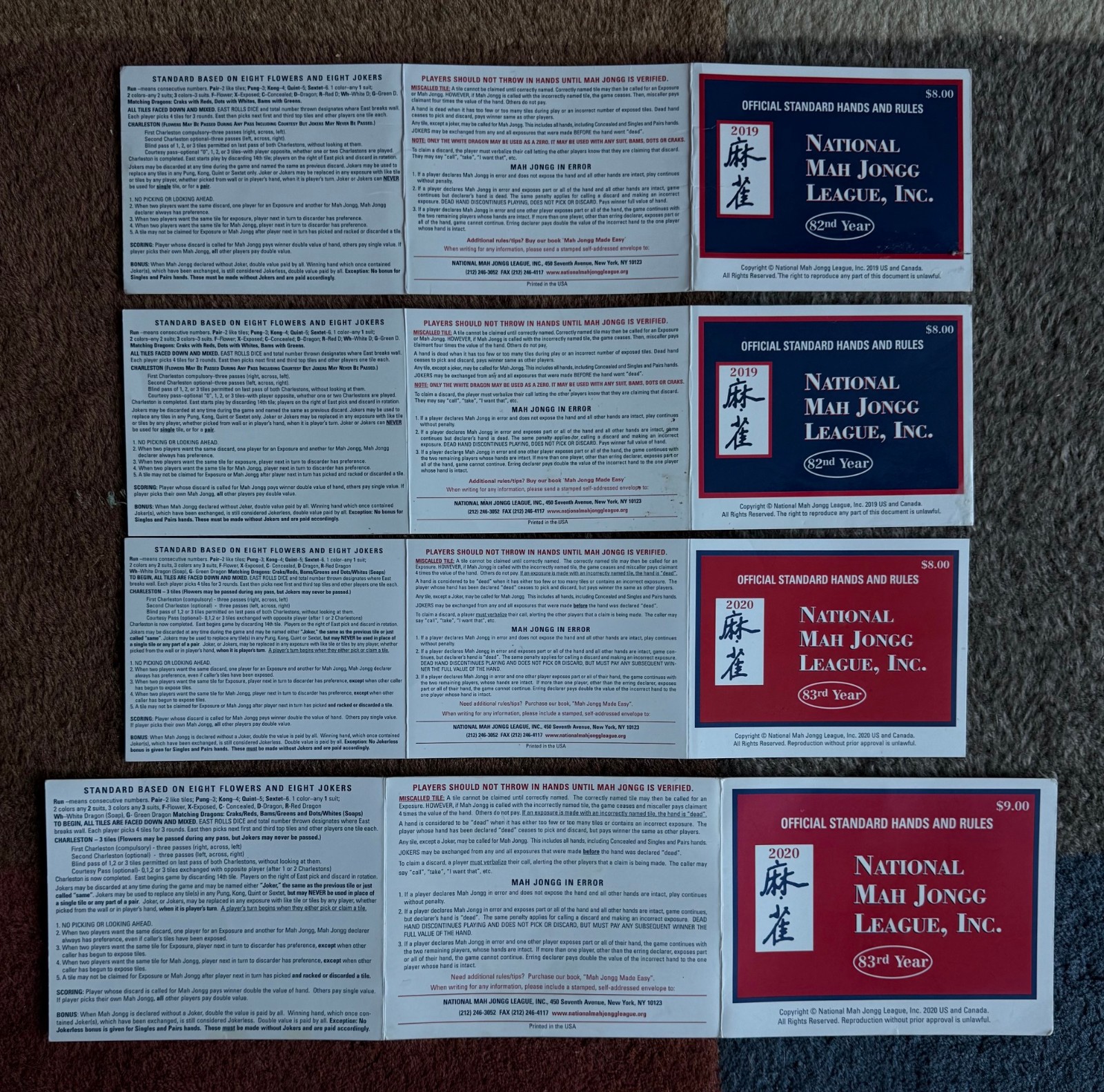8 National Mah Jongg League Standard Hands And Rules Cards 2019 – 2022 (2 each)