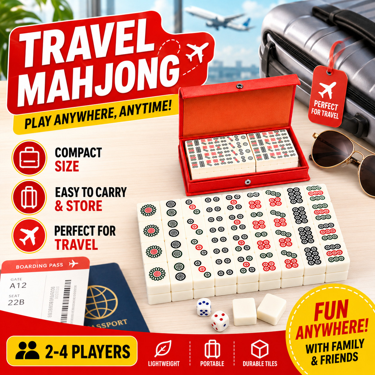 Travel Size Mahjong Set 144 Tiles 2 Dice Compact Red Case Family Gift Game
