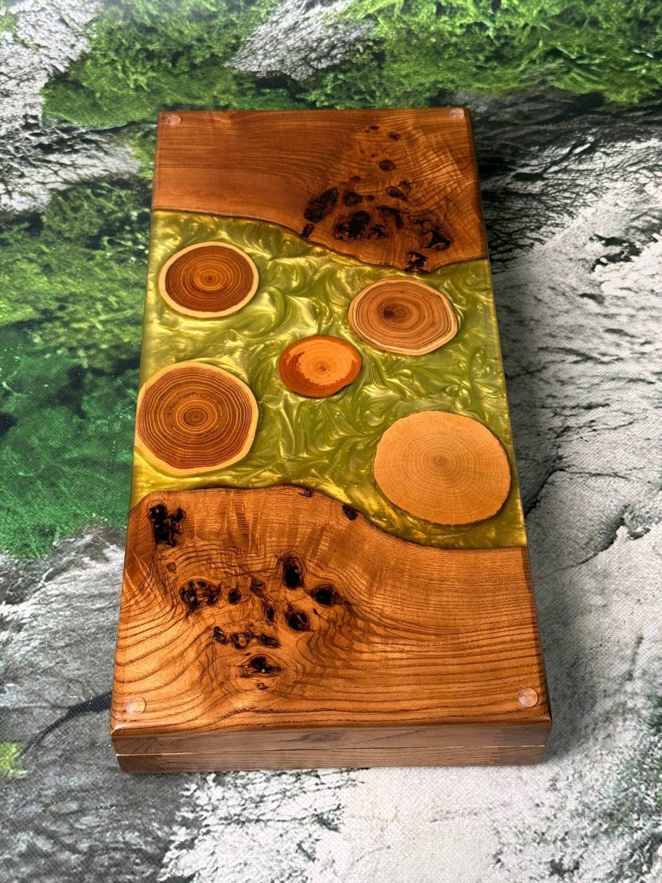Handmade Wood Epoxy Resin Backgammon Board | Natural Grain Game Set 50×50 cm