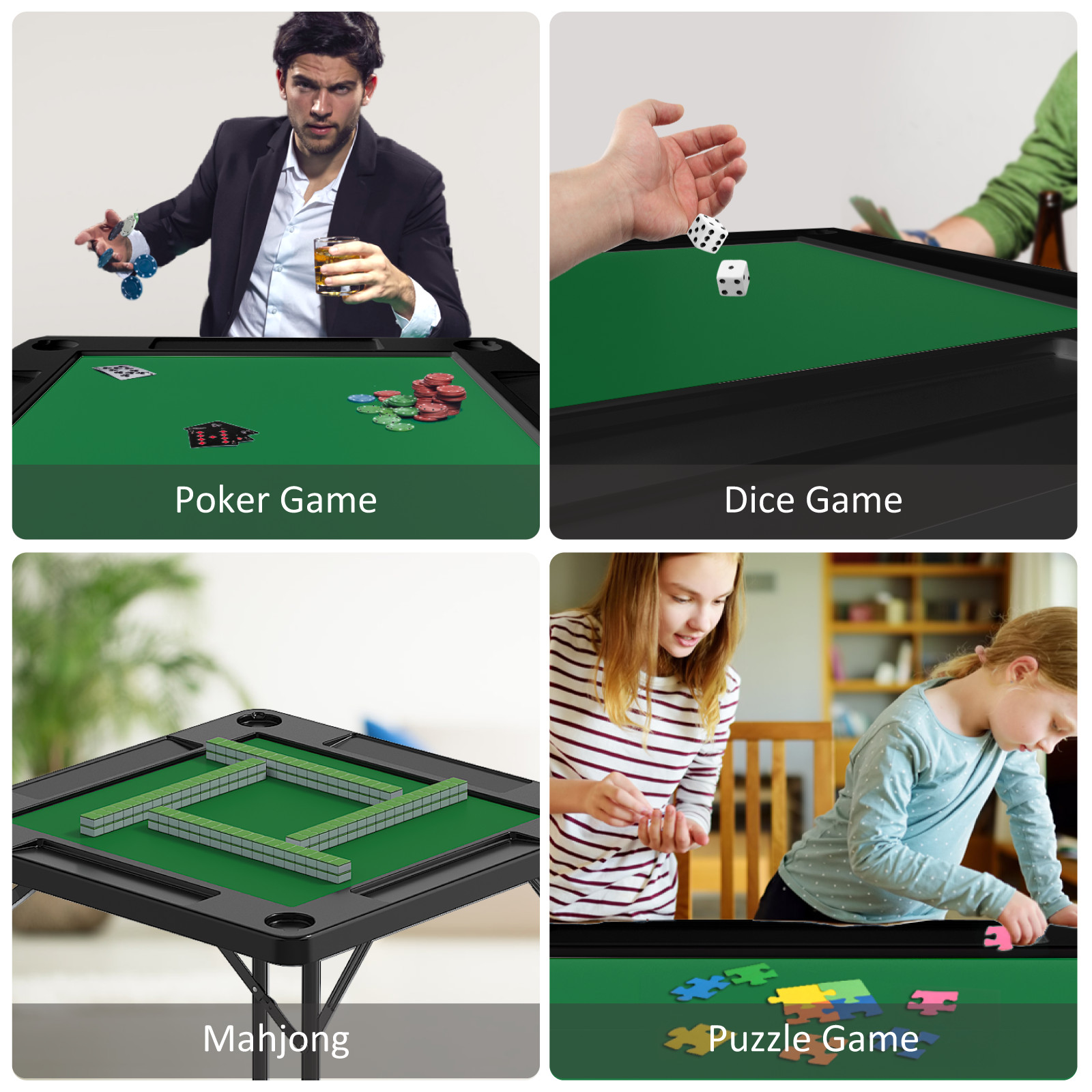 OROFULL Square Mahjong Table, Folding Game Table with Felt & Cup Holders, Black