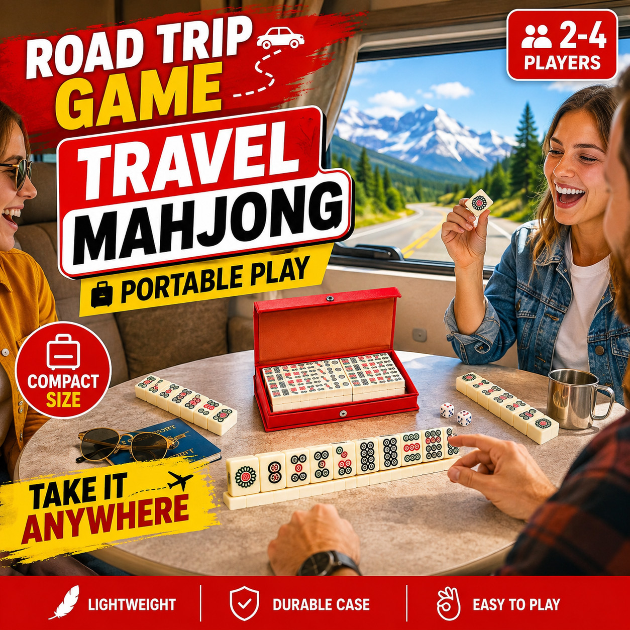 Travel Size Mahjong Set 144 Tiles 2 Dice Compact Red Case Family Gift Game