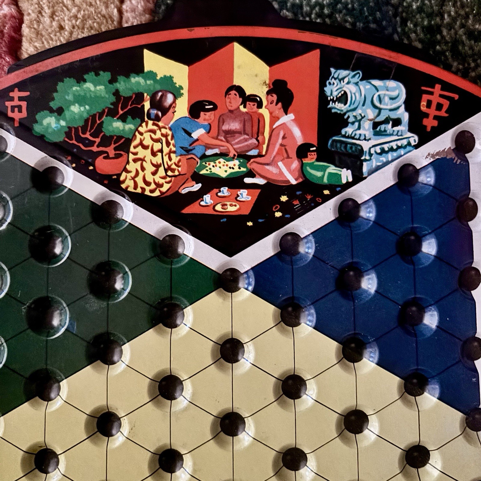 VTG Metal Tin Pixie Game Chinese Checkers Game Green Dragon w/Marbles Checkers