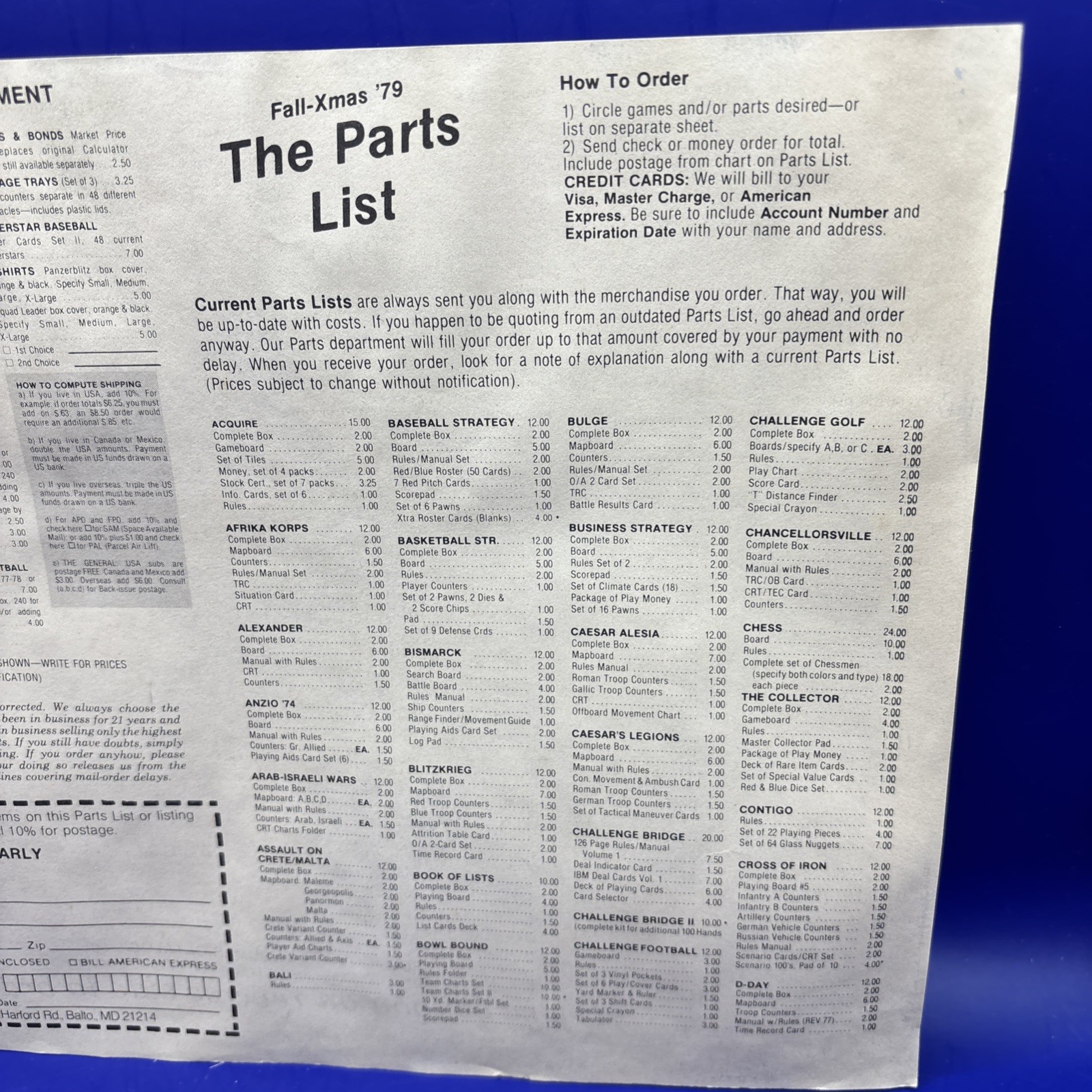 The Avalon Hill Game Company Fall-Xmas 1979 Original Parts List Order Form