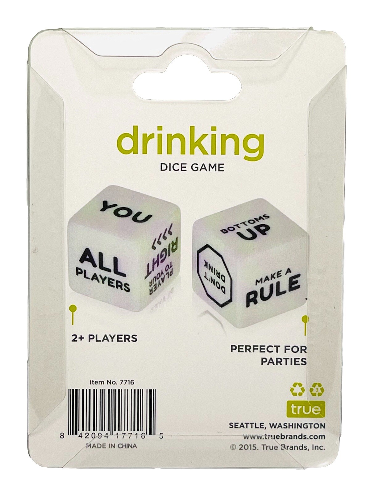 True Drinking Dice Game Set of 2 Word Die, Party Drinking Game 2+ Players NEW