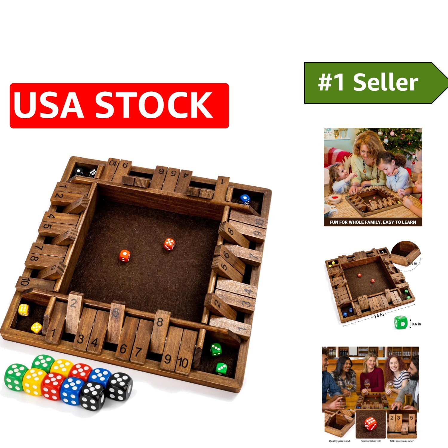 Educational Classic 4-Way Shut The Box Game – 14″ Wooden Board for All Ages