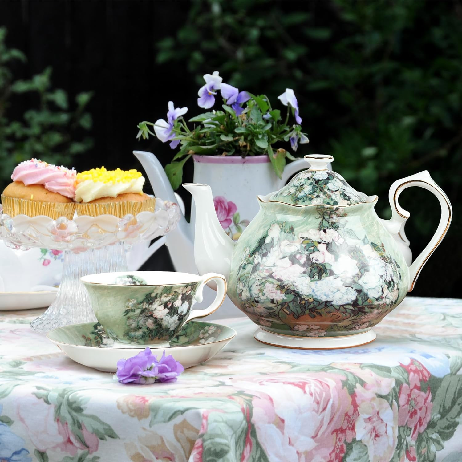 Teapot 30 Oz Vangogh Paintings Bone China Loose Tea Pot Floral Design Vintage Ce