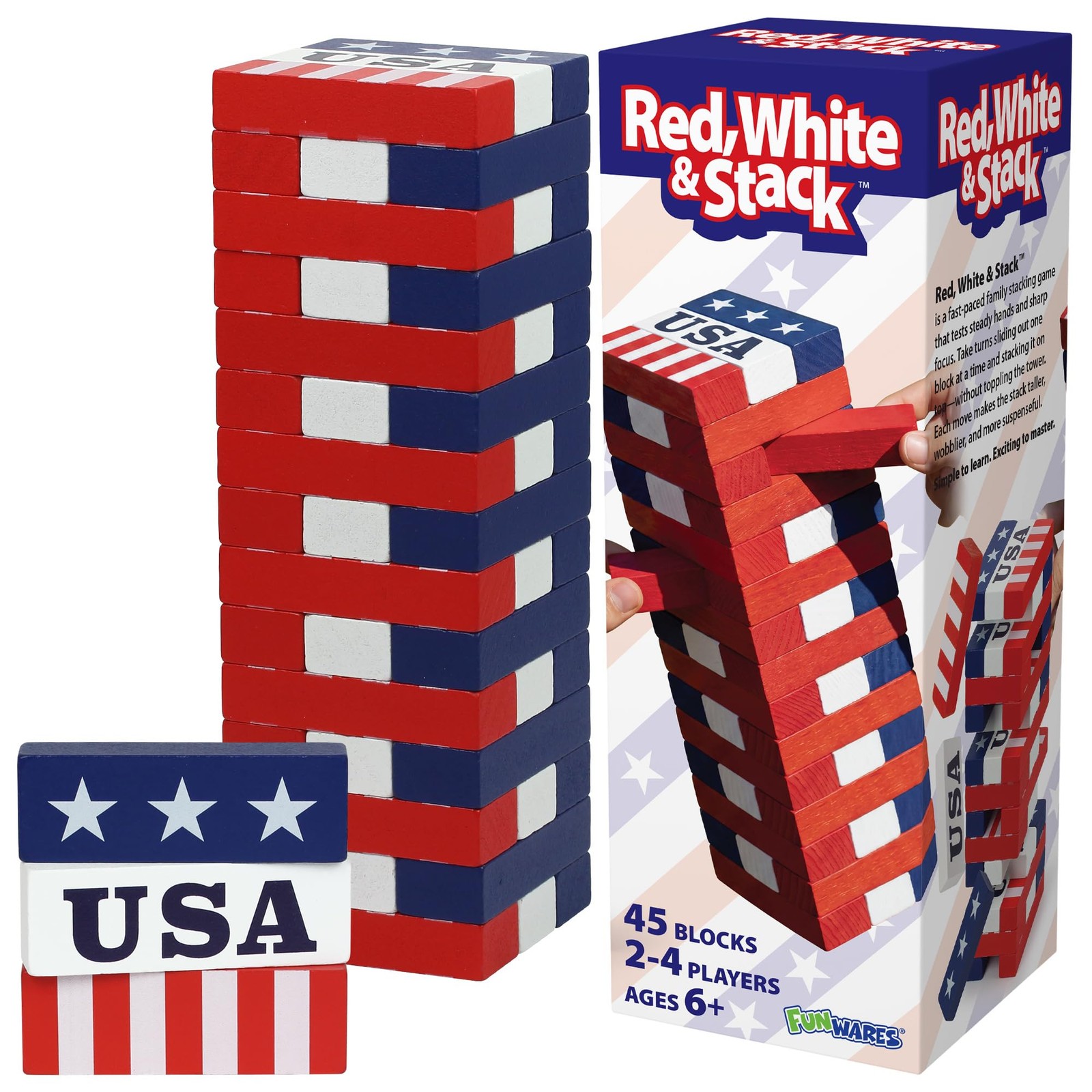 New Funwares Red White & Stack, Patriotic Wooden Stacking Game for Kids Adults