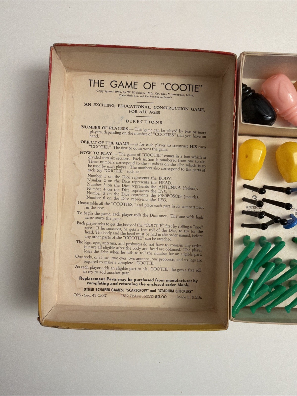 1949 ORIGINAL GAME OF COOTIE W.H. SCHAPER MFG CO. COMPLETE ALL PIECES EUC