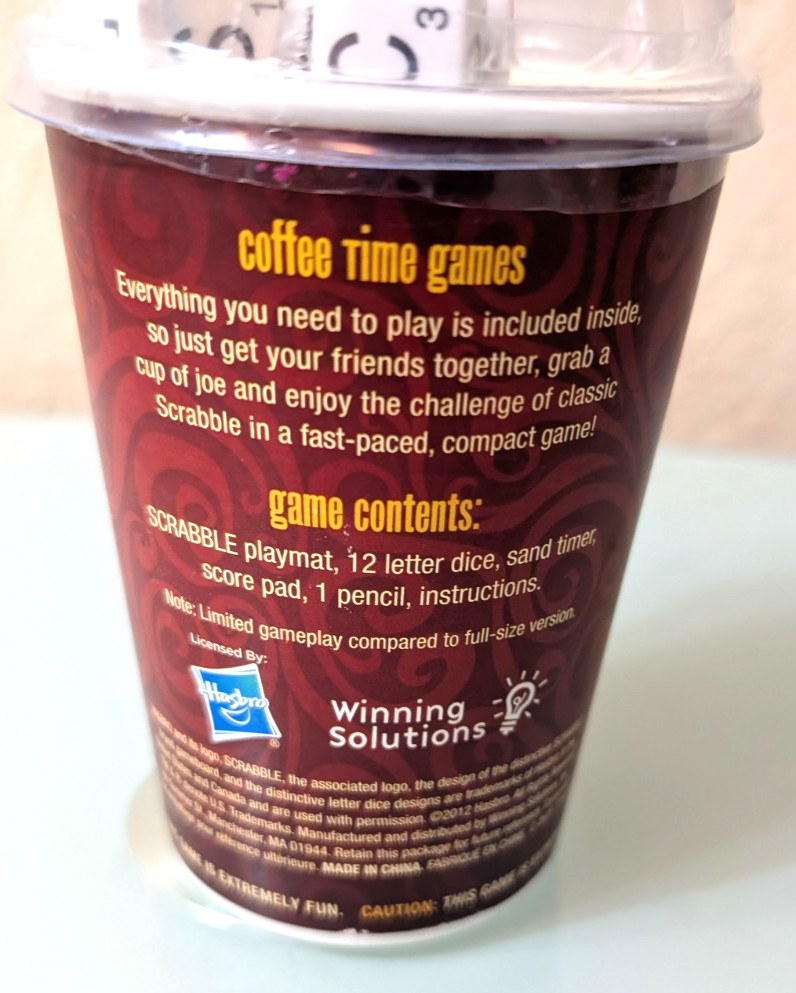 Hasbro WS Game Company Compact Scrabble Roll ‘n Score Coffee Time Game Cup New