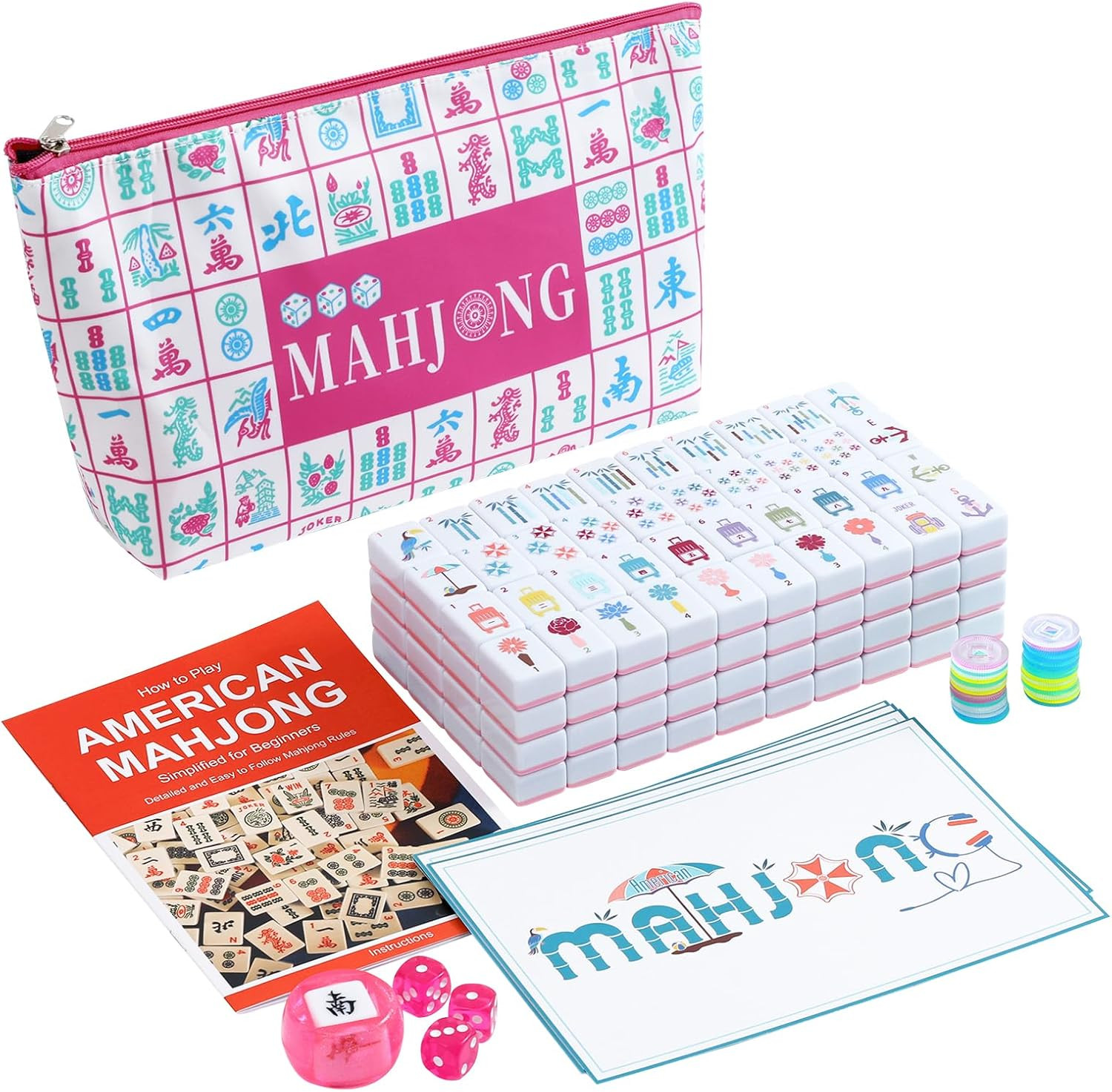 160 Pink Printed American Mahjong Game Set with Carrying Bag and Accessories, 1.