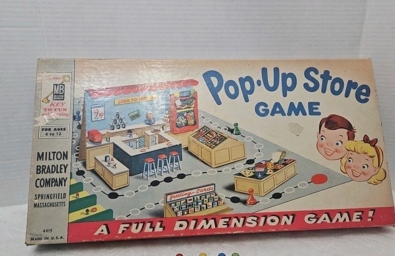 Vtg 1950s Milton Bradley Pop Up Store Board Game W/ 3 D Board