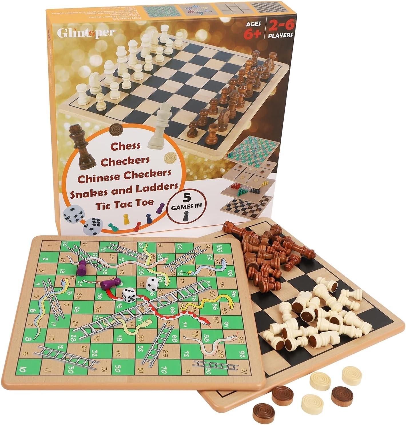 5-in-1 Wooden Board Game with 2 Reversible Boards for Chess, Checkers, Chines…