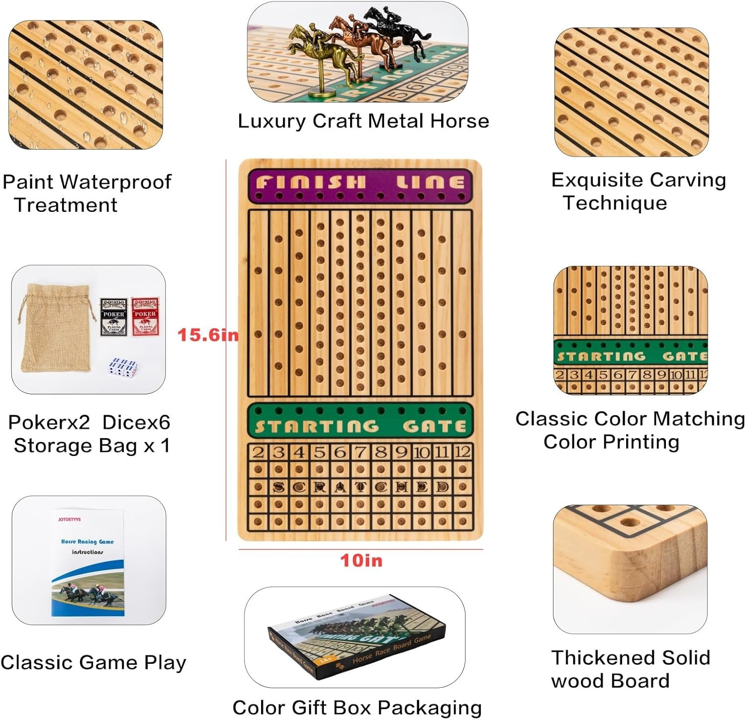 Horse Race Board Game with 11 Luxury Metal Horses, 4 Dice, 2 Card Boxes and Thic