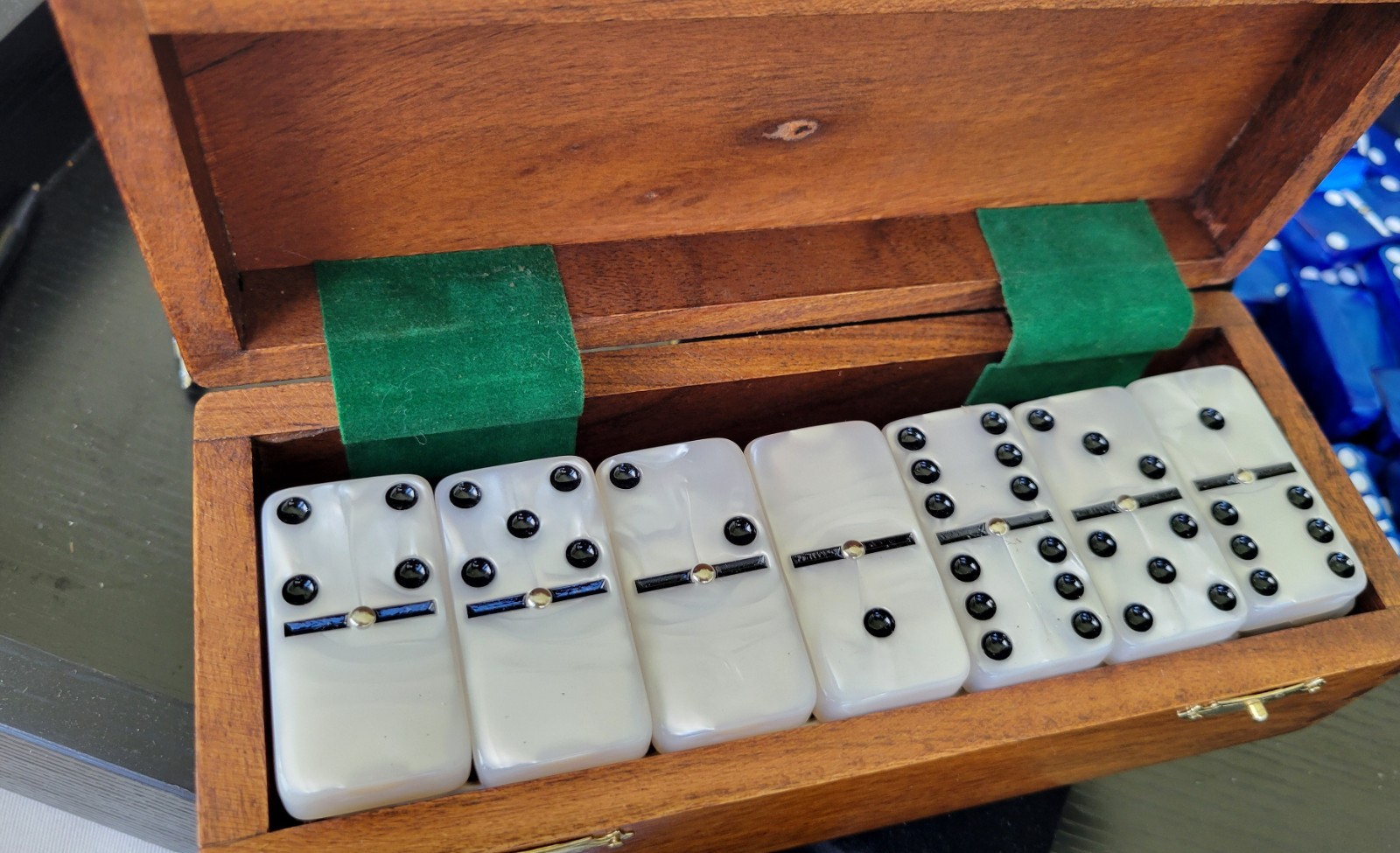 Domino Double Six 6 White Marbleized Pro Size with Spinners – Wood Box