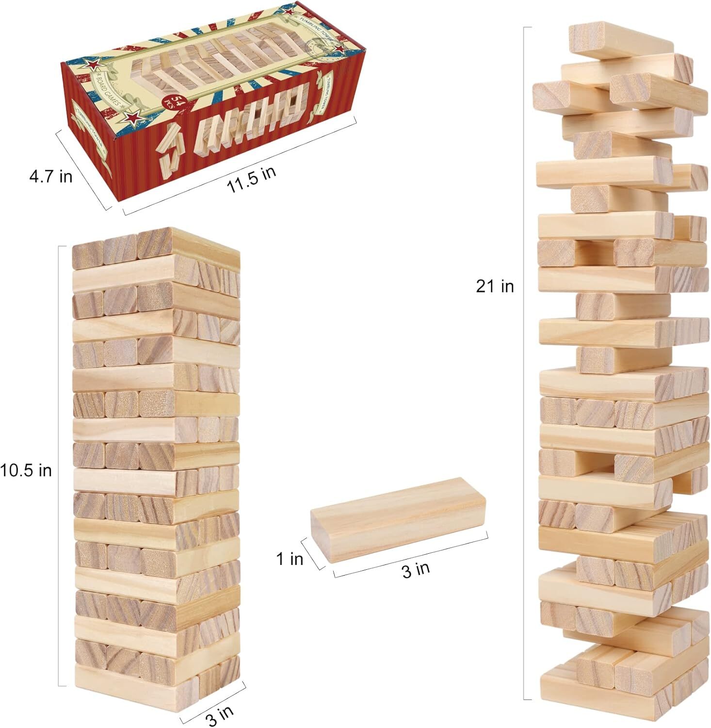Tumble Tower Game for Kids and Adults – 54Pcs Classic Wood Block Stacking Game