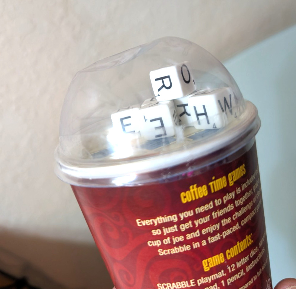 Hasbro WS Game Company Compact Scrabble Roll ‘n Score Coffee Time Game Cup New