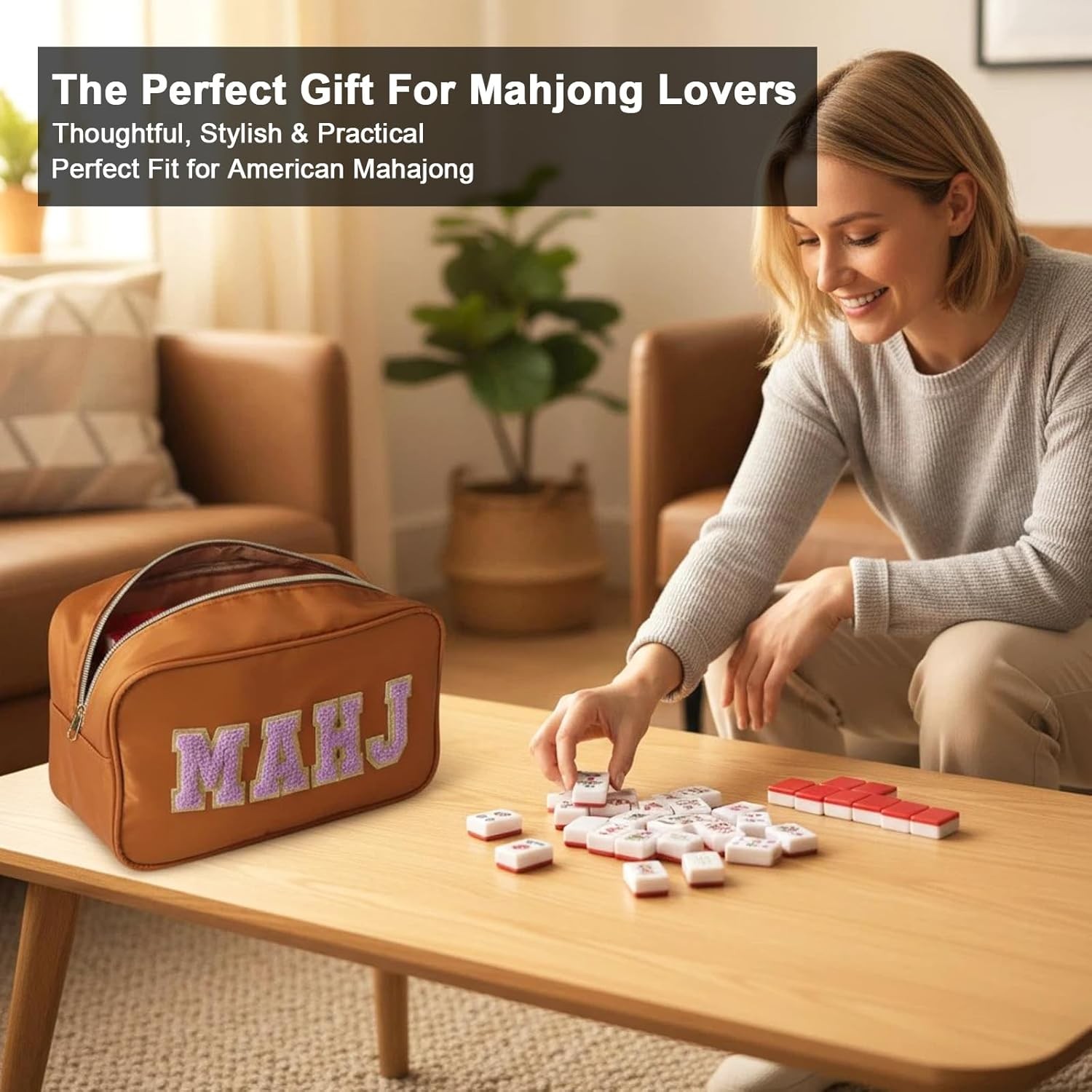Mahjong Tile Bag Brown Waterproof American Mahjong Case 166 Tiles Zipper Bag