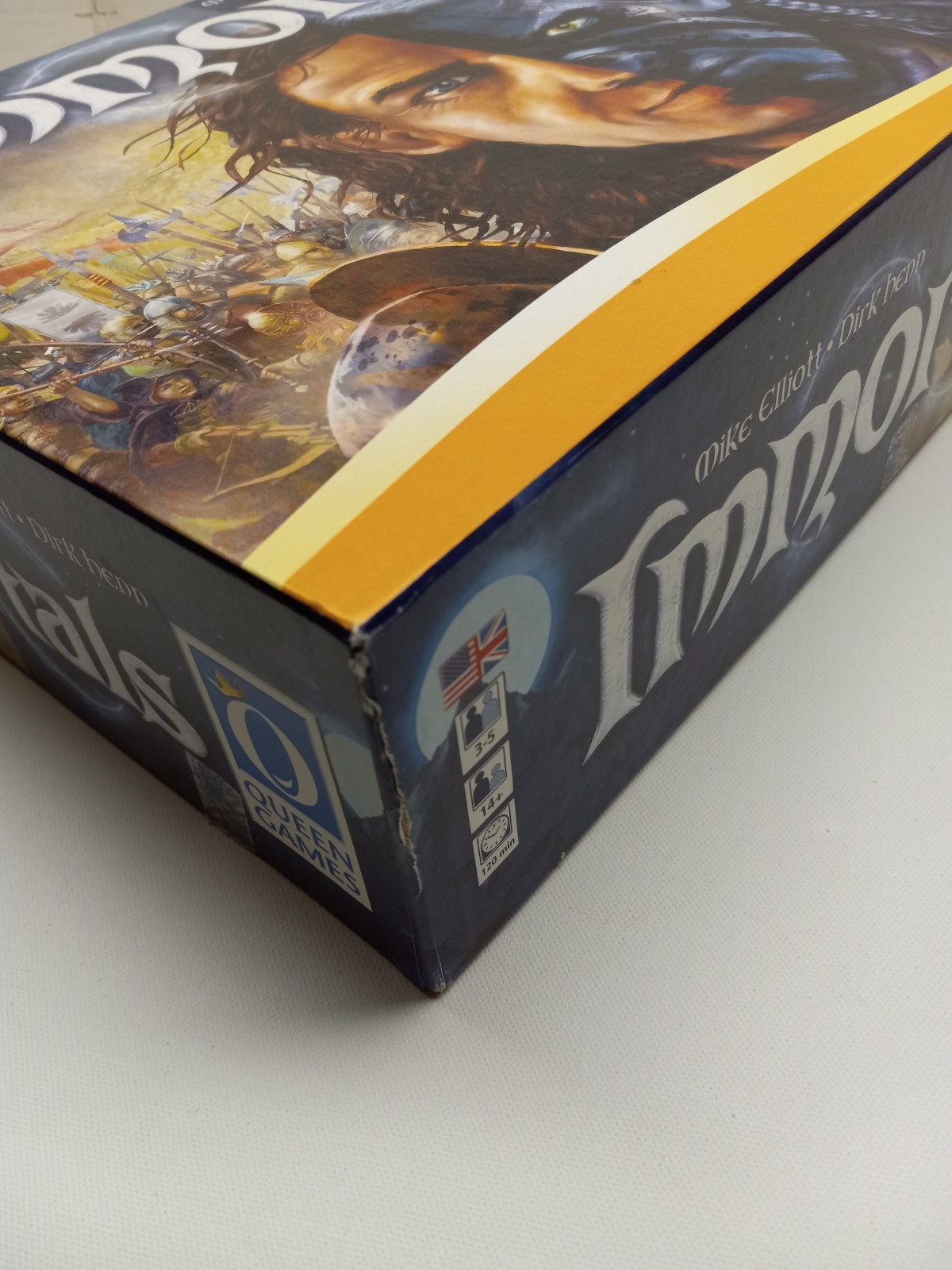 IMMORTALS Board Game Queen Games Almost Complete in Box Missing 1 Green Cube