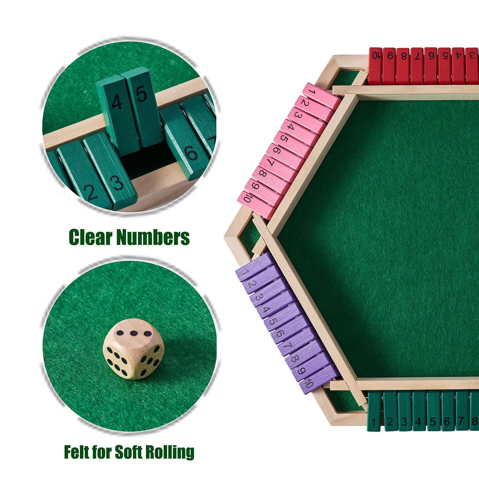 Shut The Box Game for 6 Player with 12+4 Dice – Colorful 6 Sided Wooden Board…