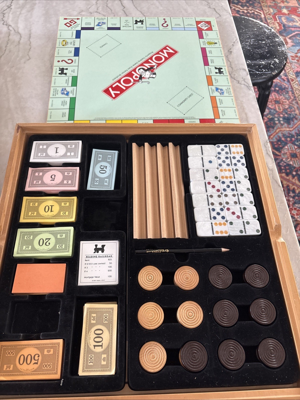 2007 Monopoly & Scrabble Solid Wood Cabinet Board Game + 4 Extras!
