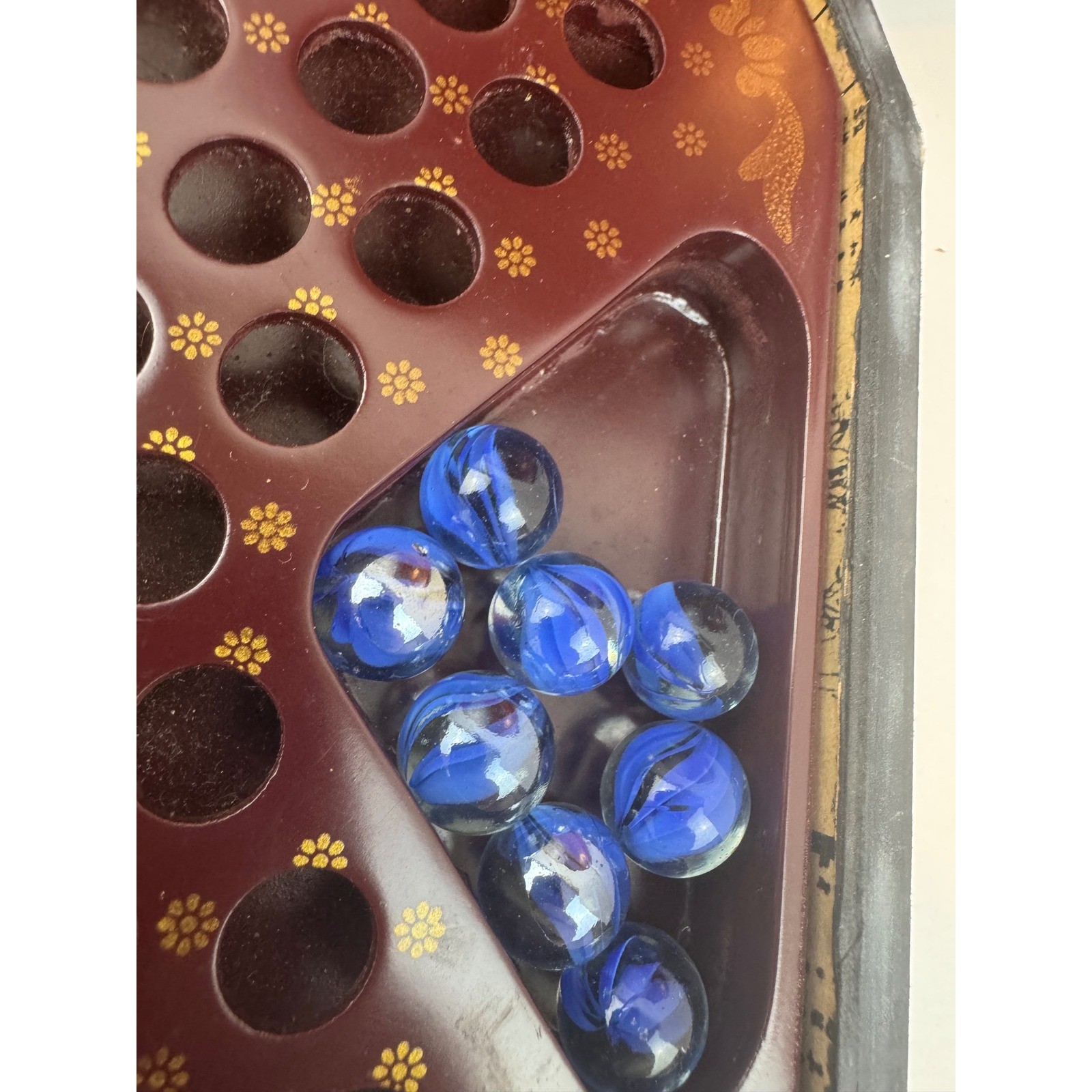 VTG Chinese Checkers Wood Box Set Dragon Phoenix Glass Marbles Some missing