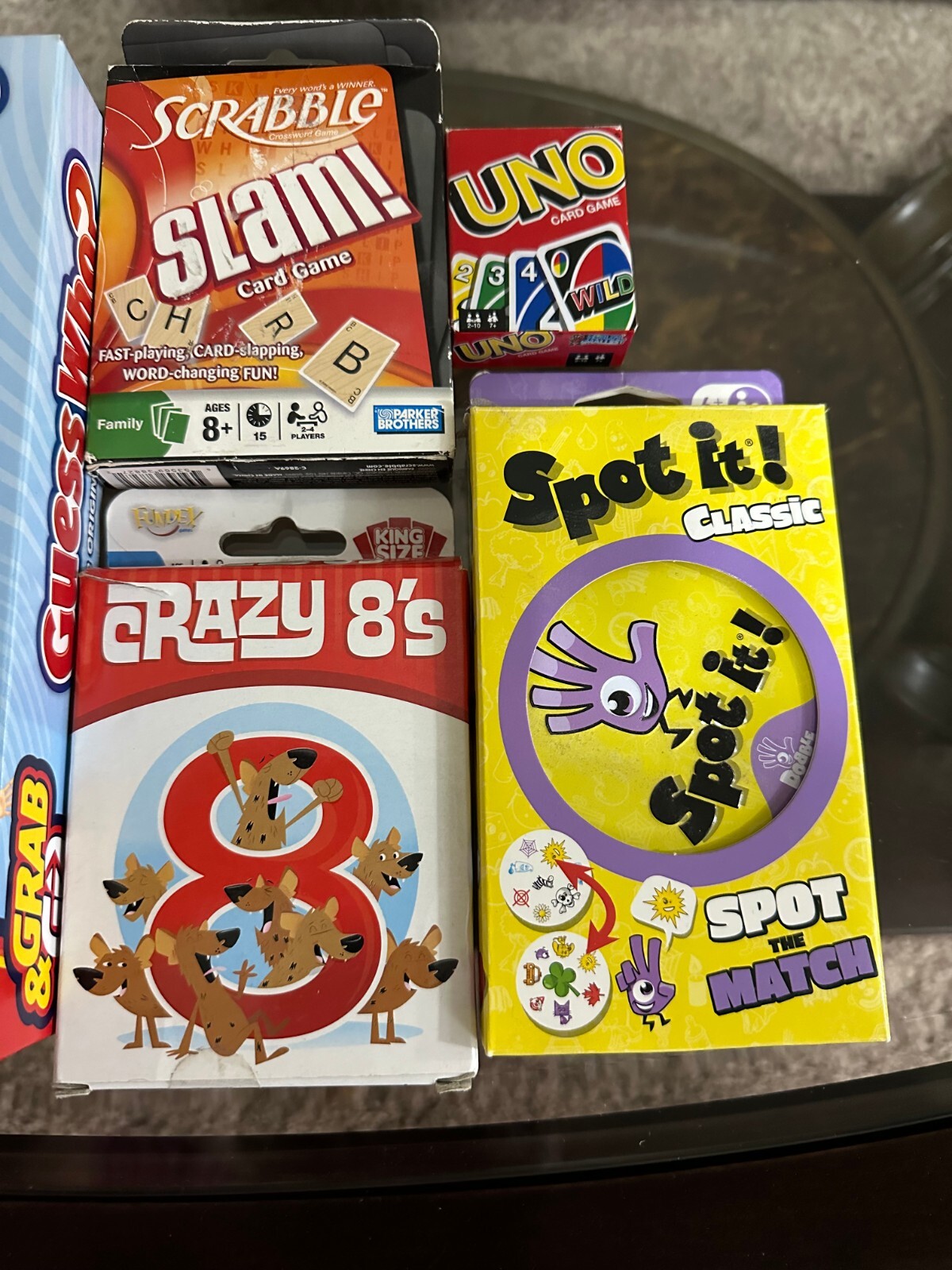 6 CARD & CHIP GAMES Connect 4, Guess Who, Scrabble Slam, Crazy 8’s, Uno, Spot It