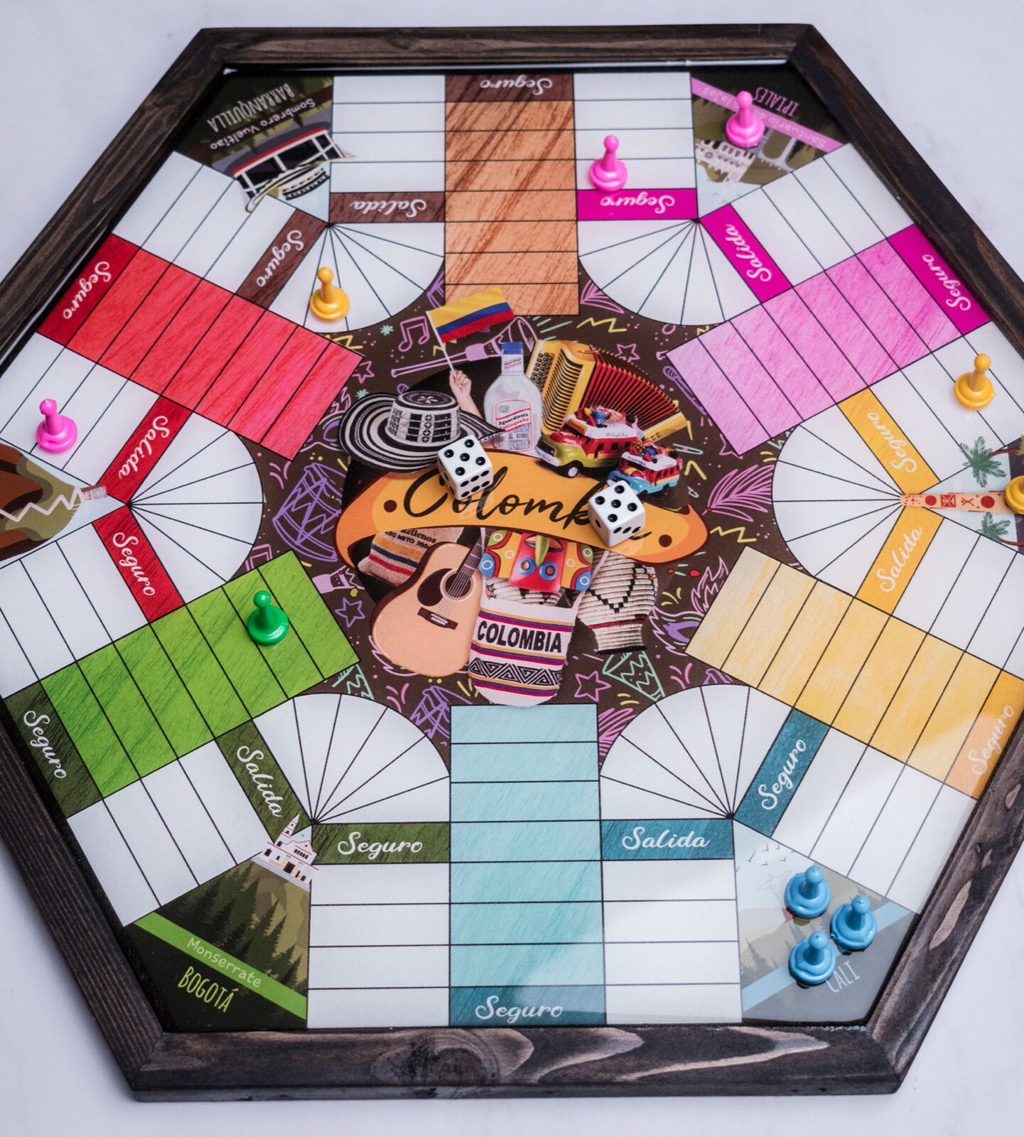 Parcheesi Board for 6 players – COLOMBIA. Hand Made with wood & Resin. Parques