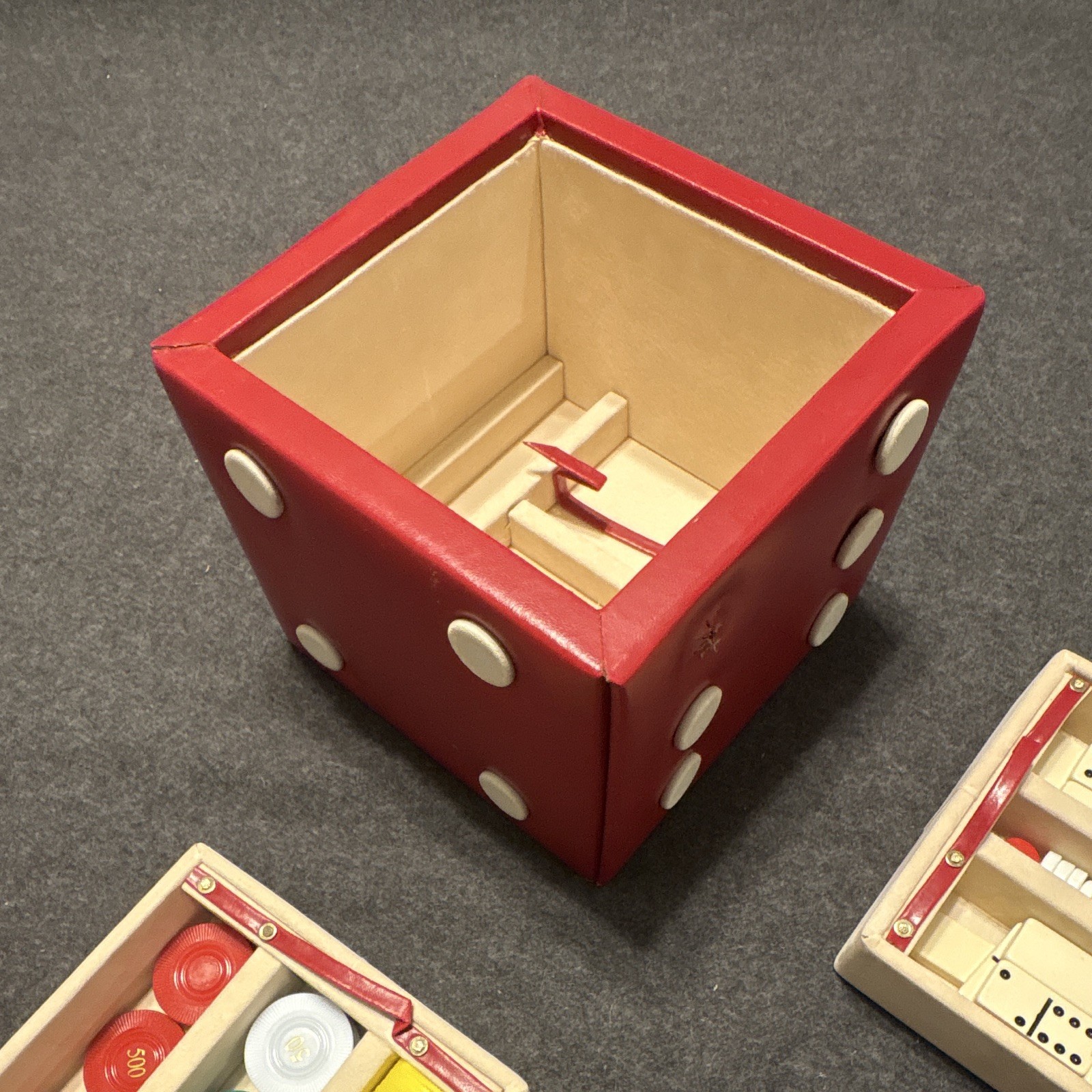 Red Dice-Shaped Travel Game Set w Board, Dominoes, Poker Chips, Cards & Dice
