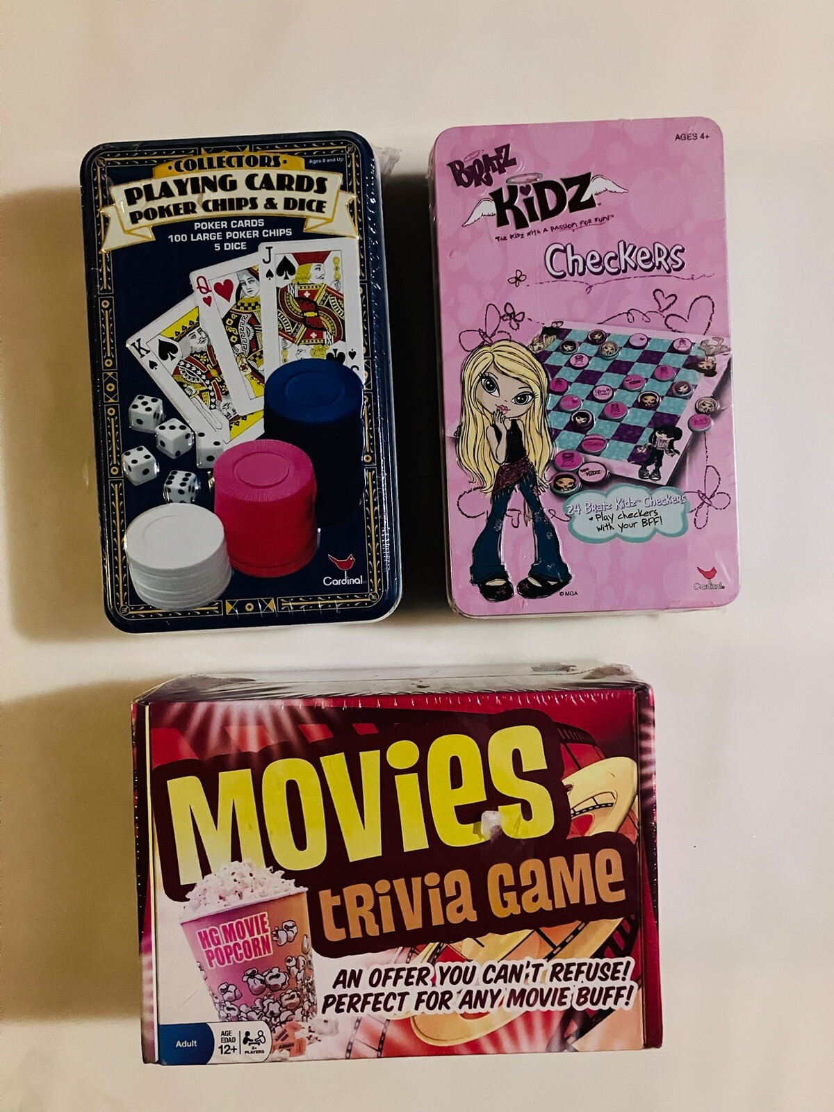 Movies Trivia Game, Playing Cards Chips & Dice & Bratz Checkers All New Sealed