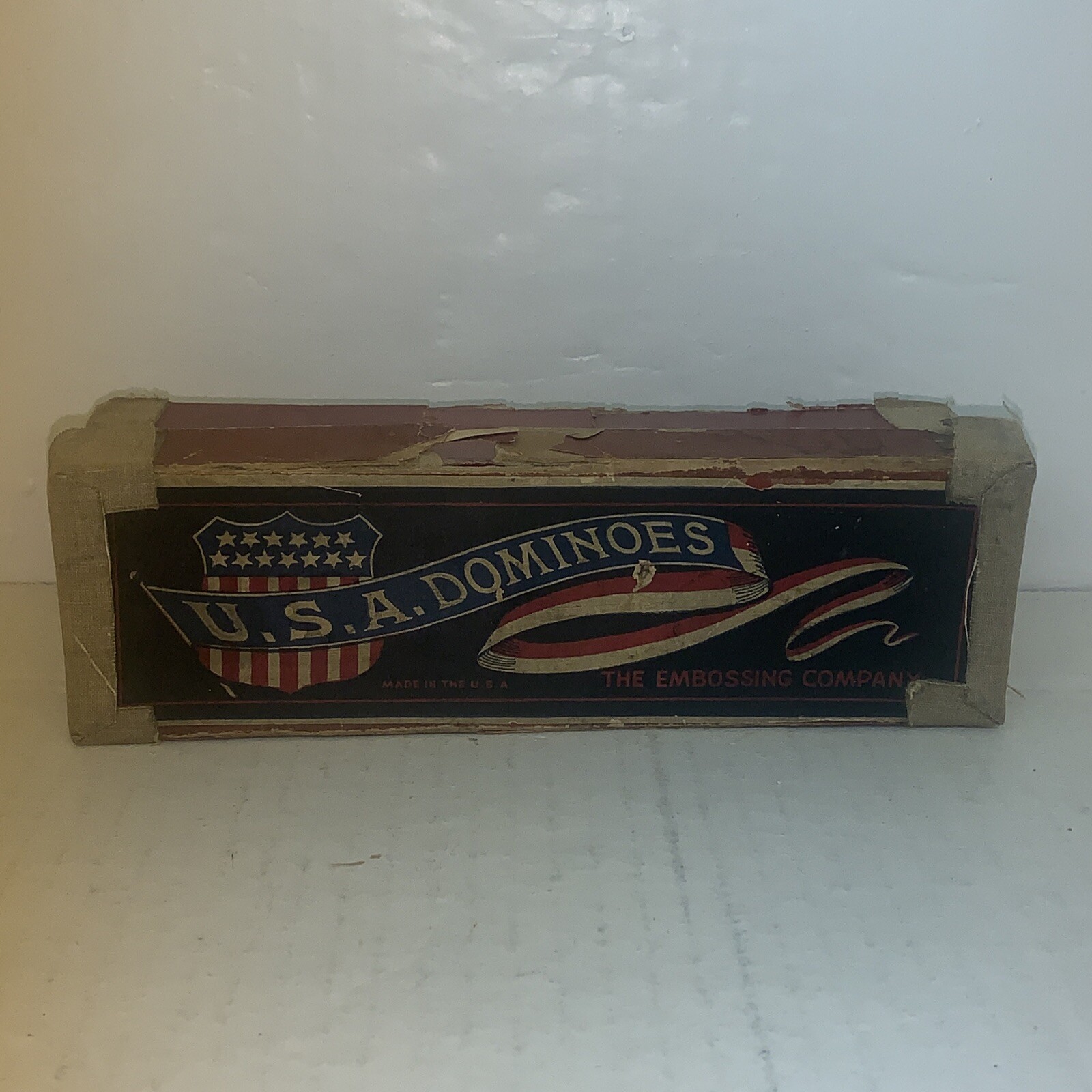 Vintage Patriotic USA Flag Embossed Dominos Game in Original Box