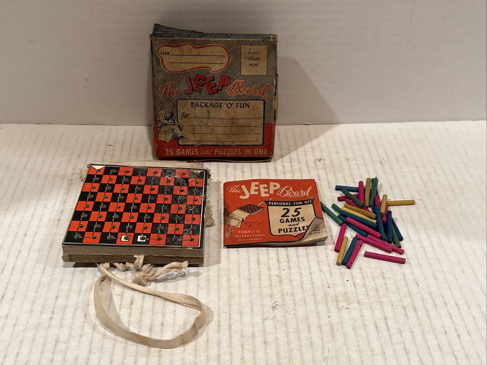 Vintage 1944 ES Lowe The Jeep Board 25 Games & Puzzles Box Pieces Instructions
