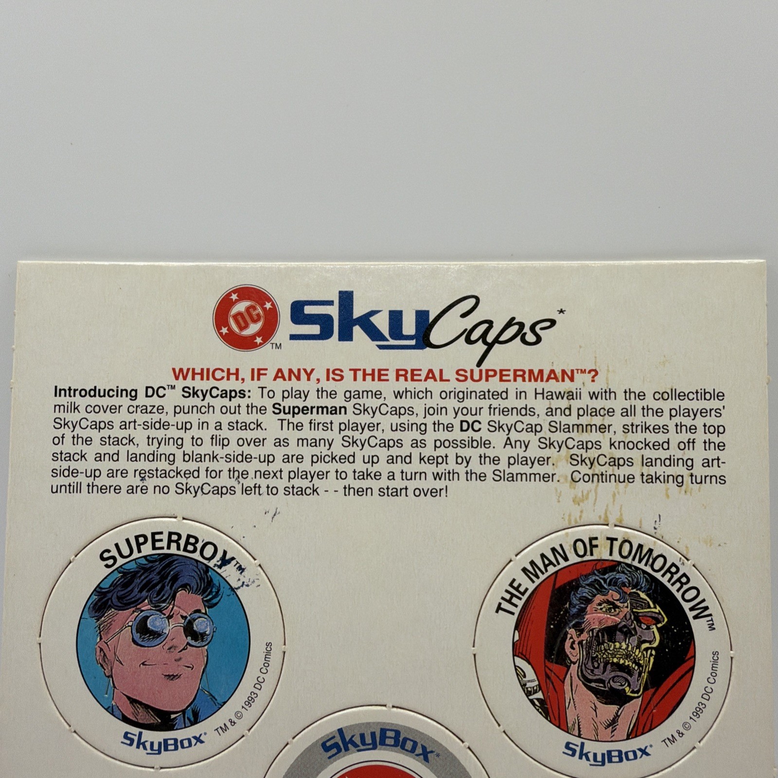 1993 Skybox SkyCaps DC Comics Promo Sheet | Superman UNPUNCHED POGS See Pics