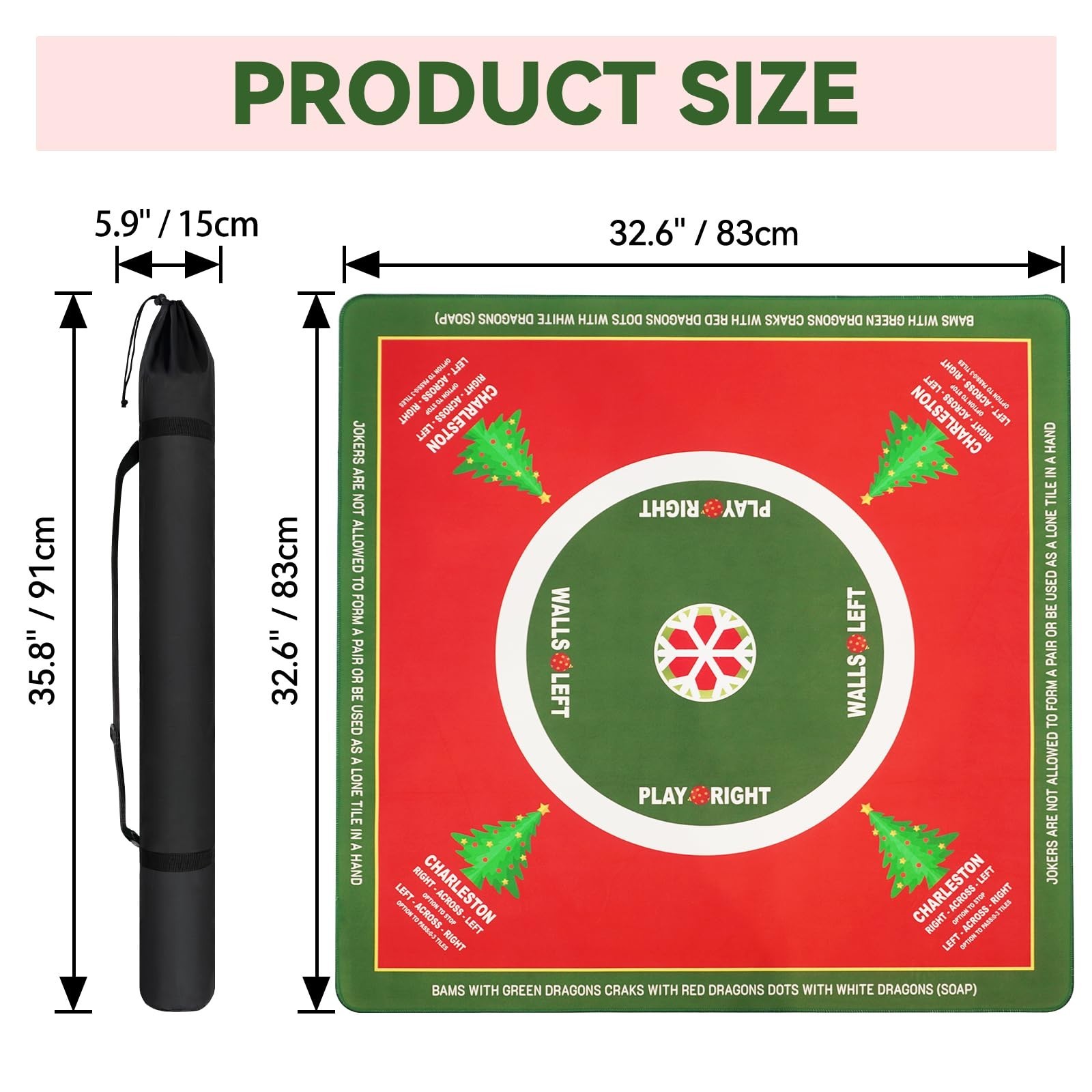 Christmas Tree Mahjong Mat with Rules, 33×33″, Non-Slip & Waterproof with Bag