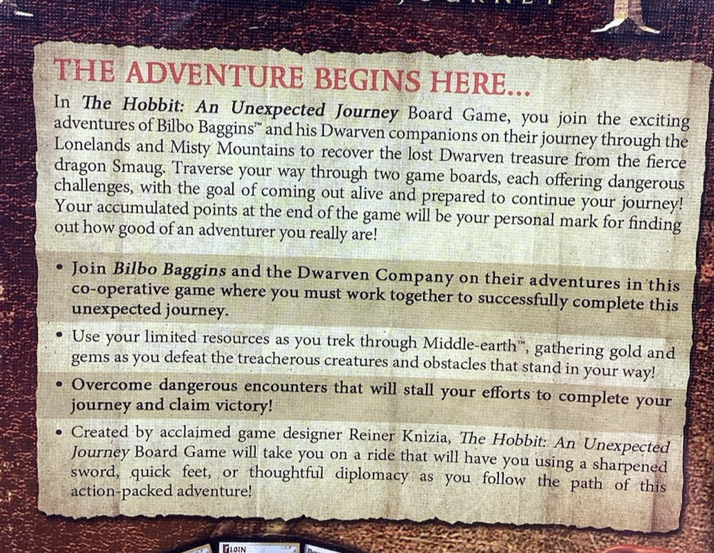 The Hobbit an Unexpected Journey Board Game 2013 Cryptozoic Game R Knizia Sealed