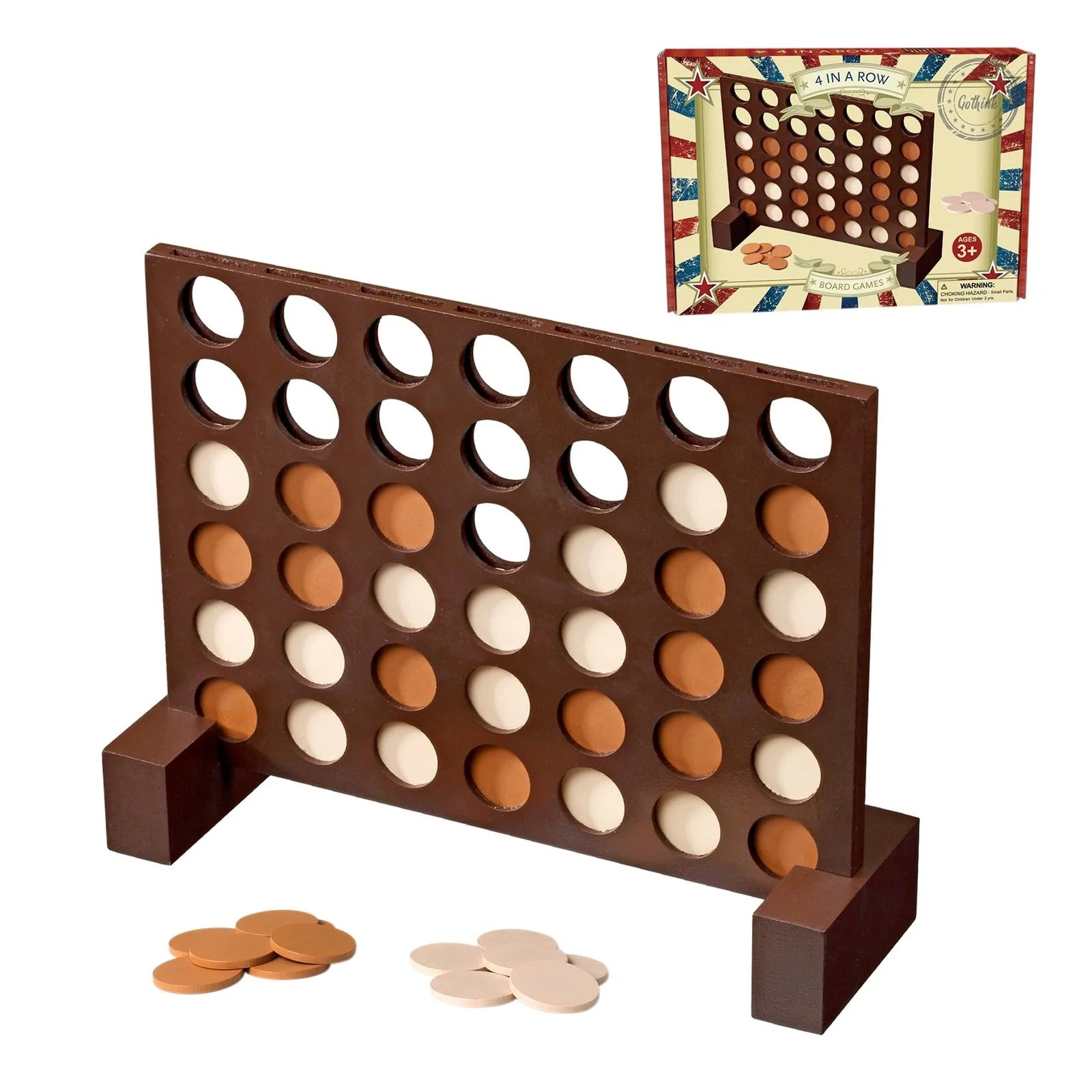 Wooden 4 in a Row Game, Classic Strategy Game for Kids and Adults, Connect The 4