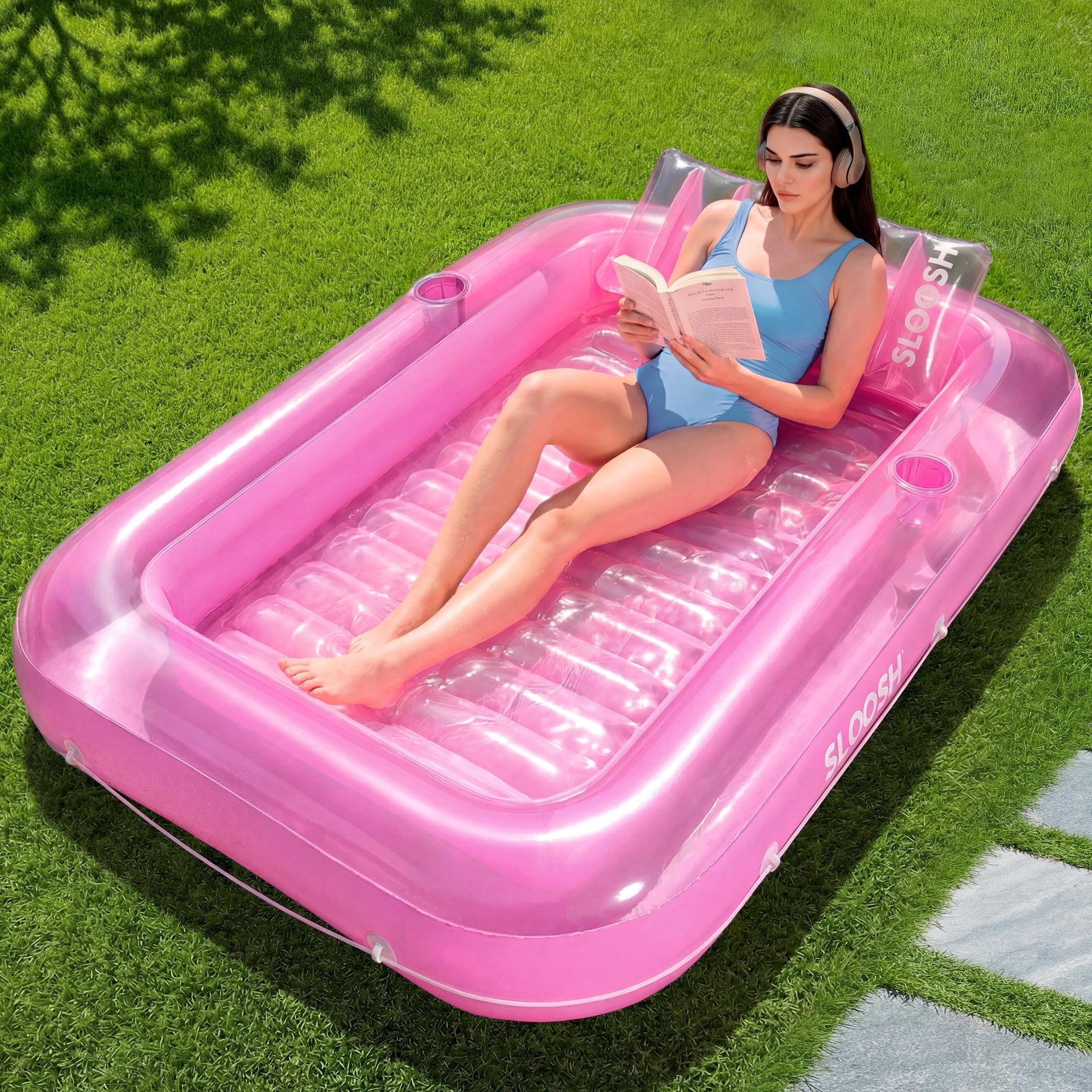 Pool Float Lounger 70 x 46 Inflatable Tanning Bed Large Pink SLOOSH Floats Adult