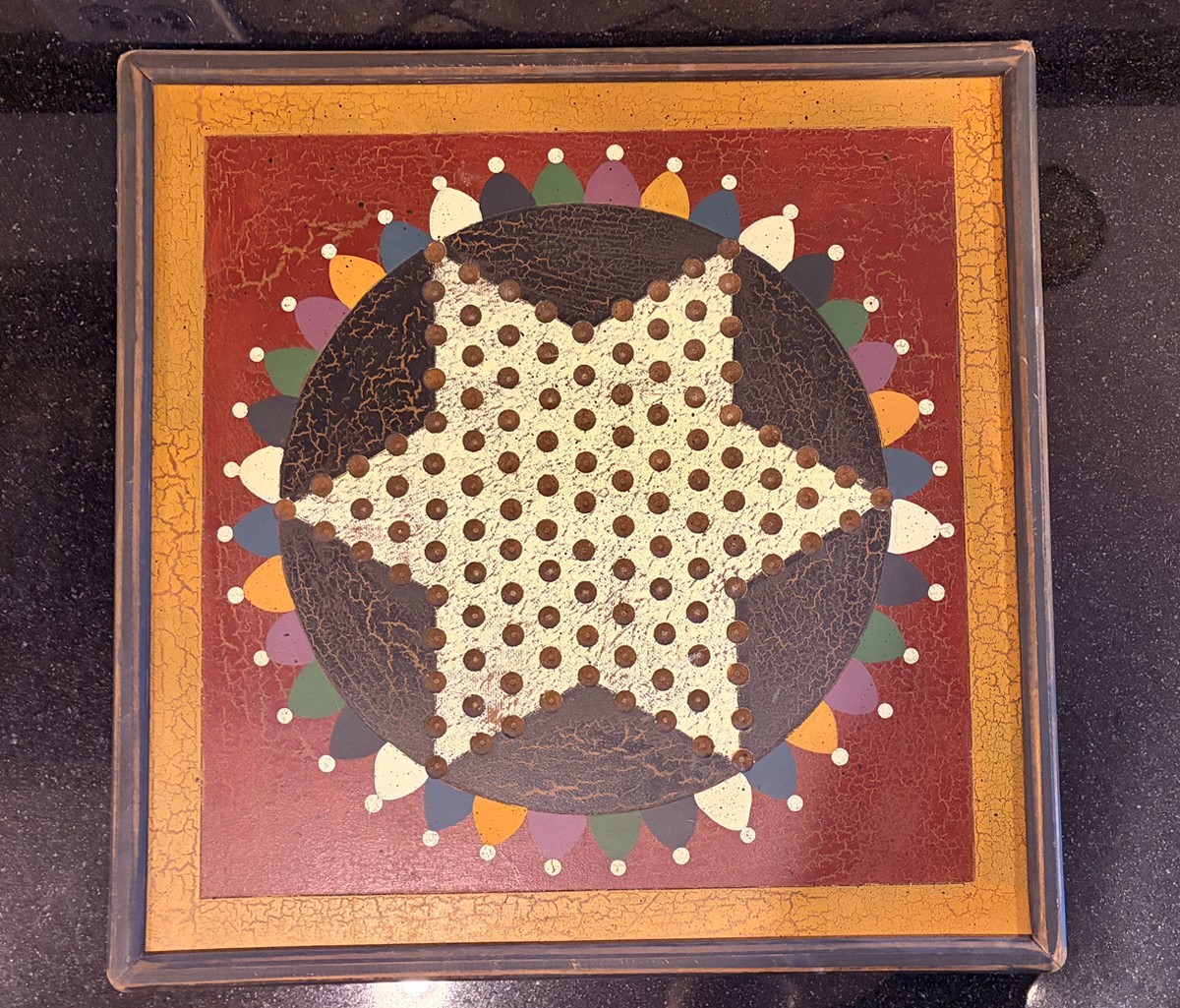 Chinese Checkers Board Game. Heavy Wood Construction Wall Hanging Has 60 Marbles