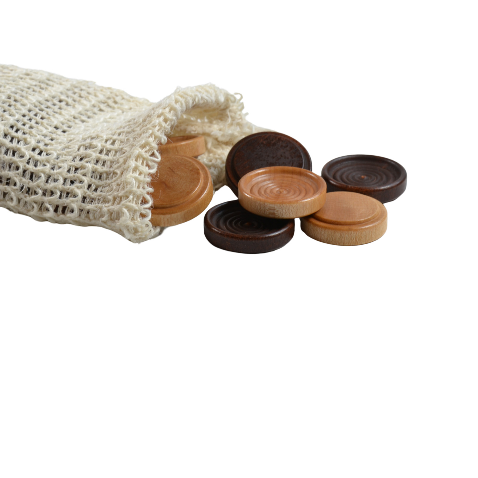 Stackable Wooden Checkers w Plant-Based Sisal Storage Bag Walnut & Maple 26 Pc