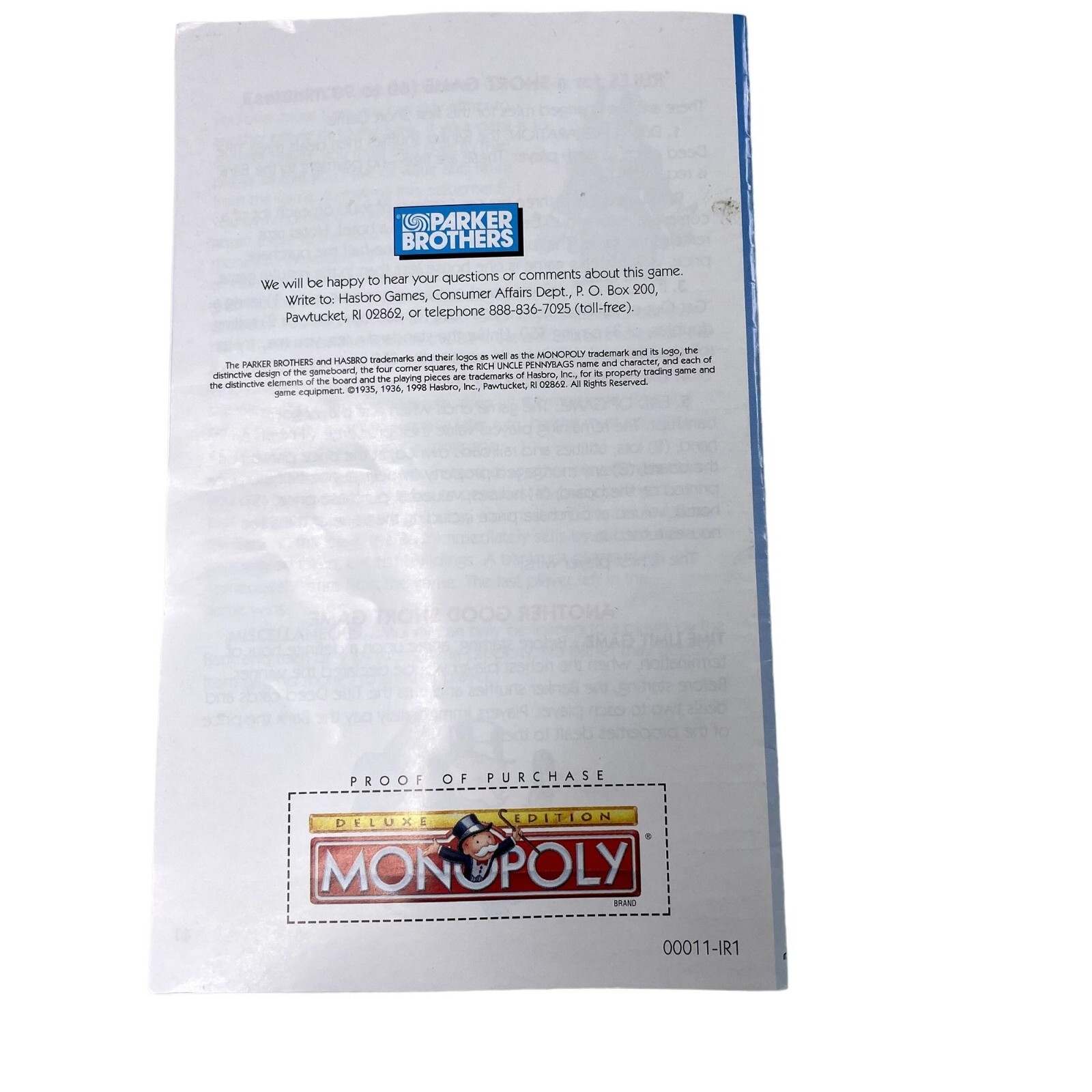 Monopoly Board Game Instruction Manual Guide Short Game Classic Rules Booklet u