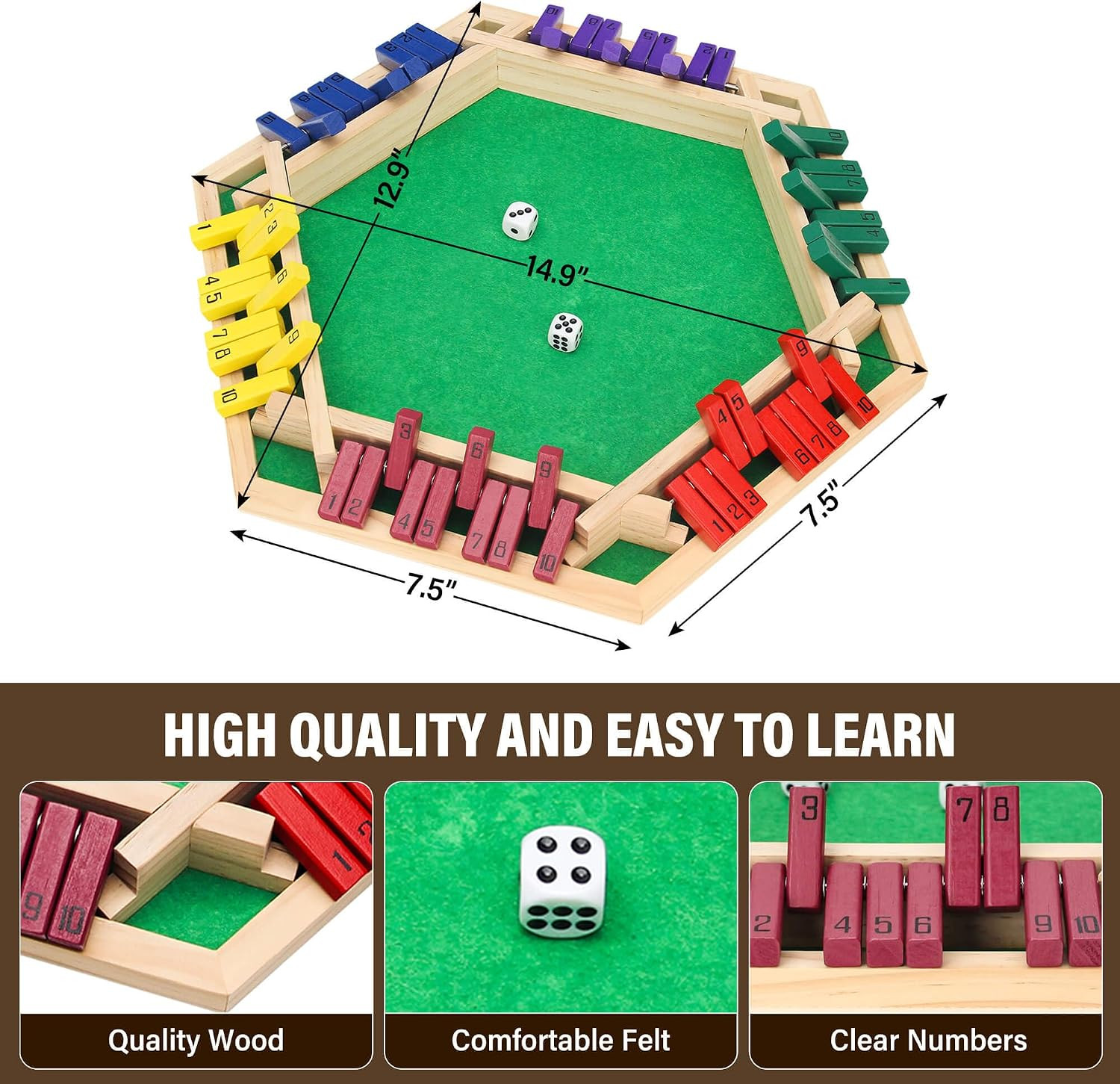 6-Sided Shut the Box Game Multicolor Wooden with 16 Dice | Family Gatherings, Cl