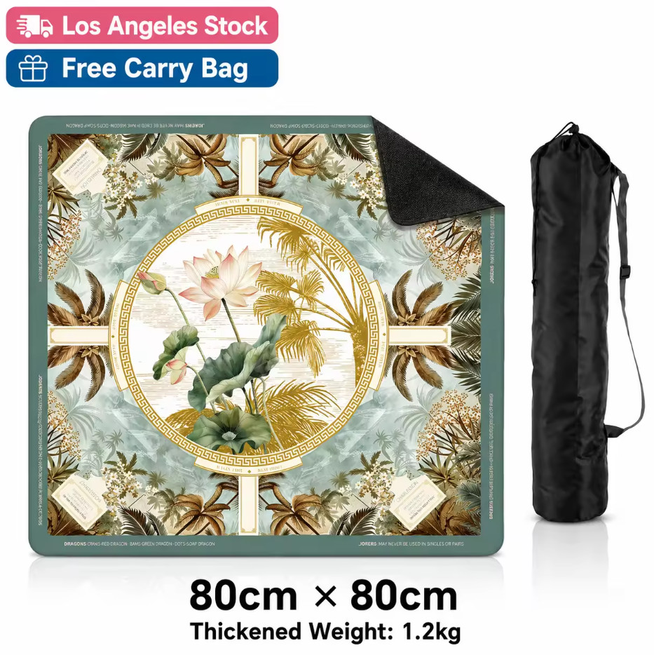 80x80cm Thickened Mahjong Table Mat Lotus Retro Non-Slip Rubber Backed With Bag