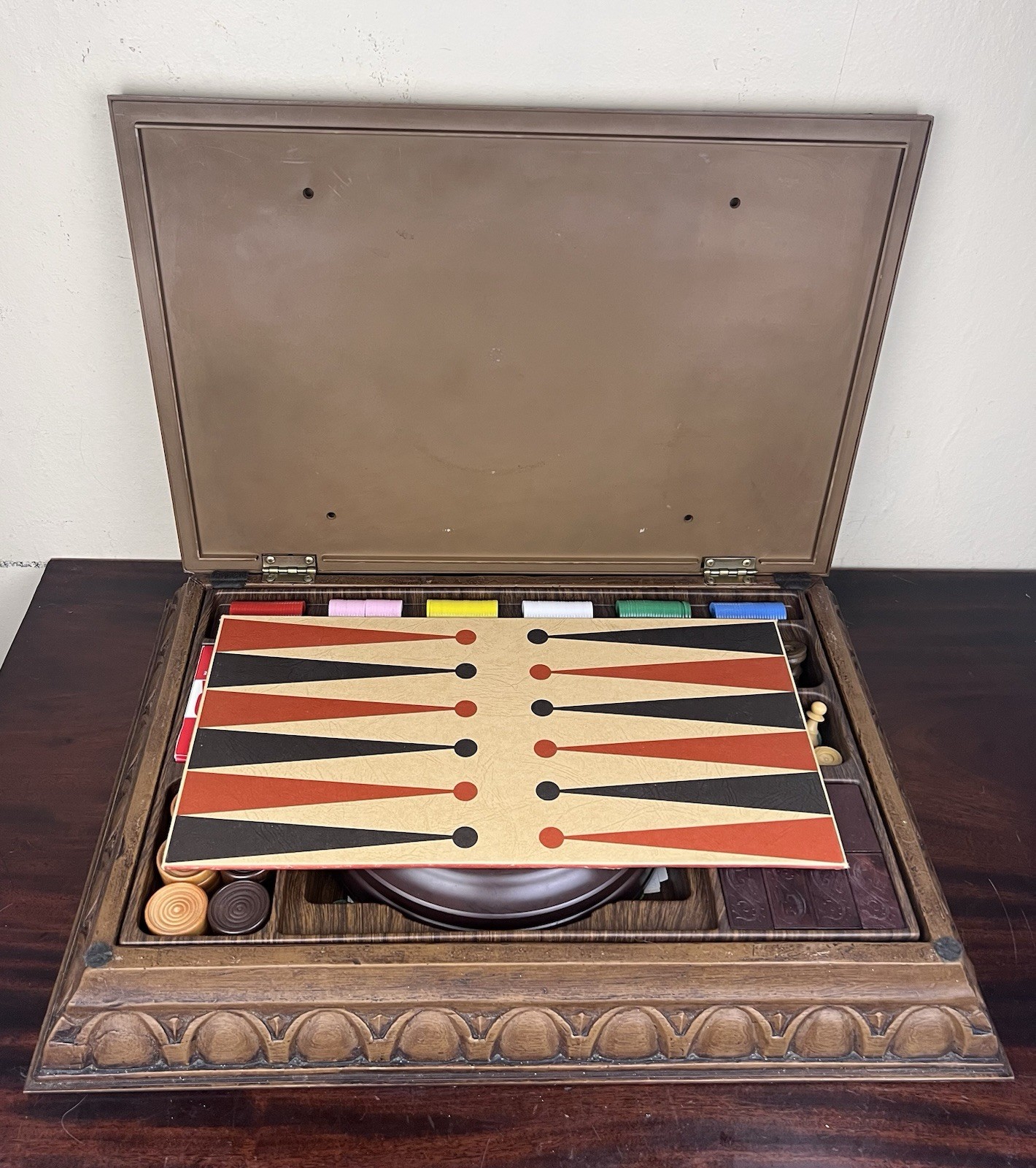 1970s Game Set w/ Box Chess Checkers Roulette Backgammon Dominoes Faux Wood