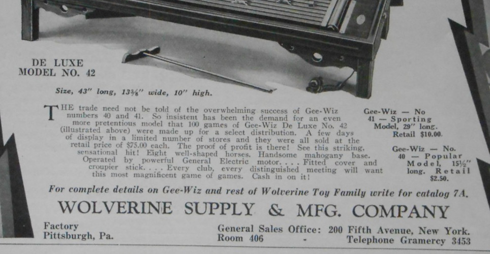 RARE 1929 Gee-Wiz Wolverine Supply & MFG CO horse racing game toy New York AD