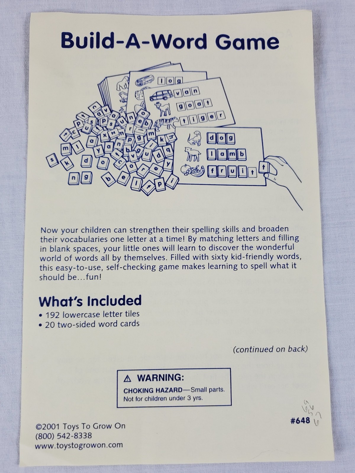 Build-A-Word Game Toys To Grow On #648 Word Cards & Blue Tiles Pre-Owned
