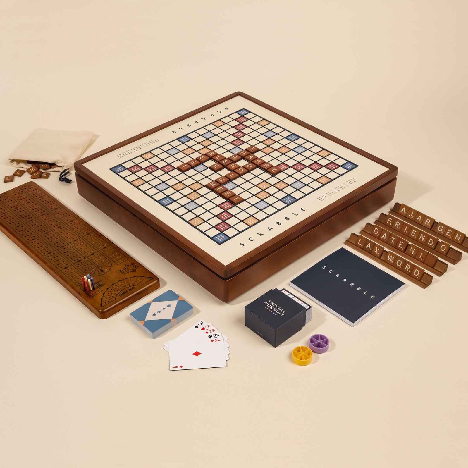WS Game Co. 3-in-1 Premium Game Collection: Scrabble, Trivial Pursuit, Cribbage