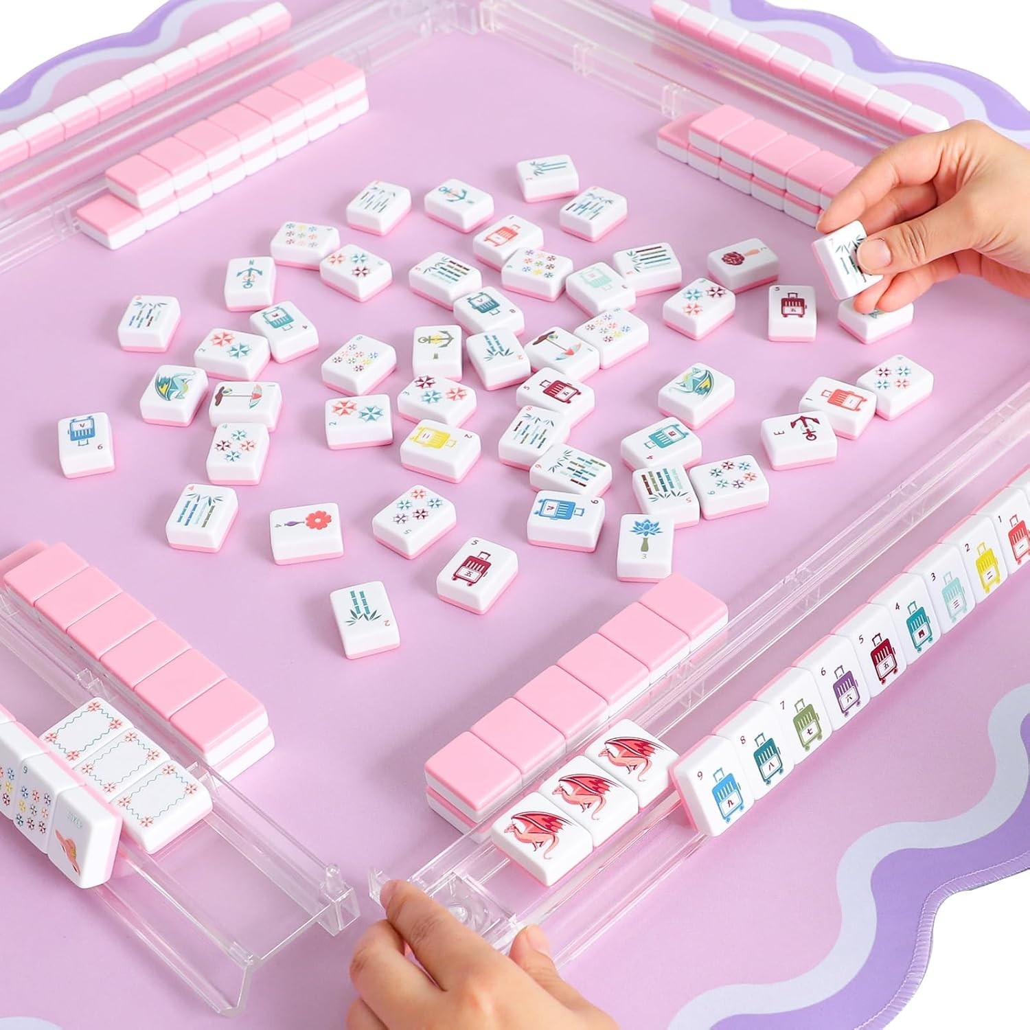 160 Pink Engraved American Mahjong Game Set with Carrying Bag and Accessories, 1