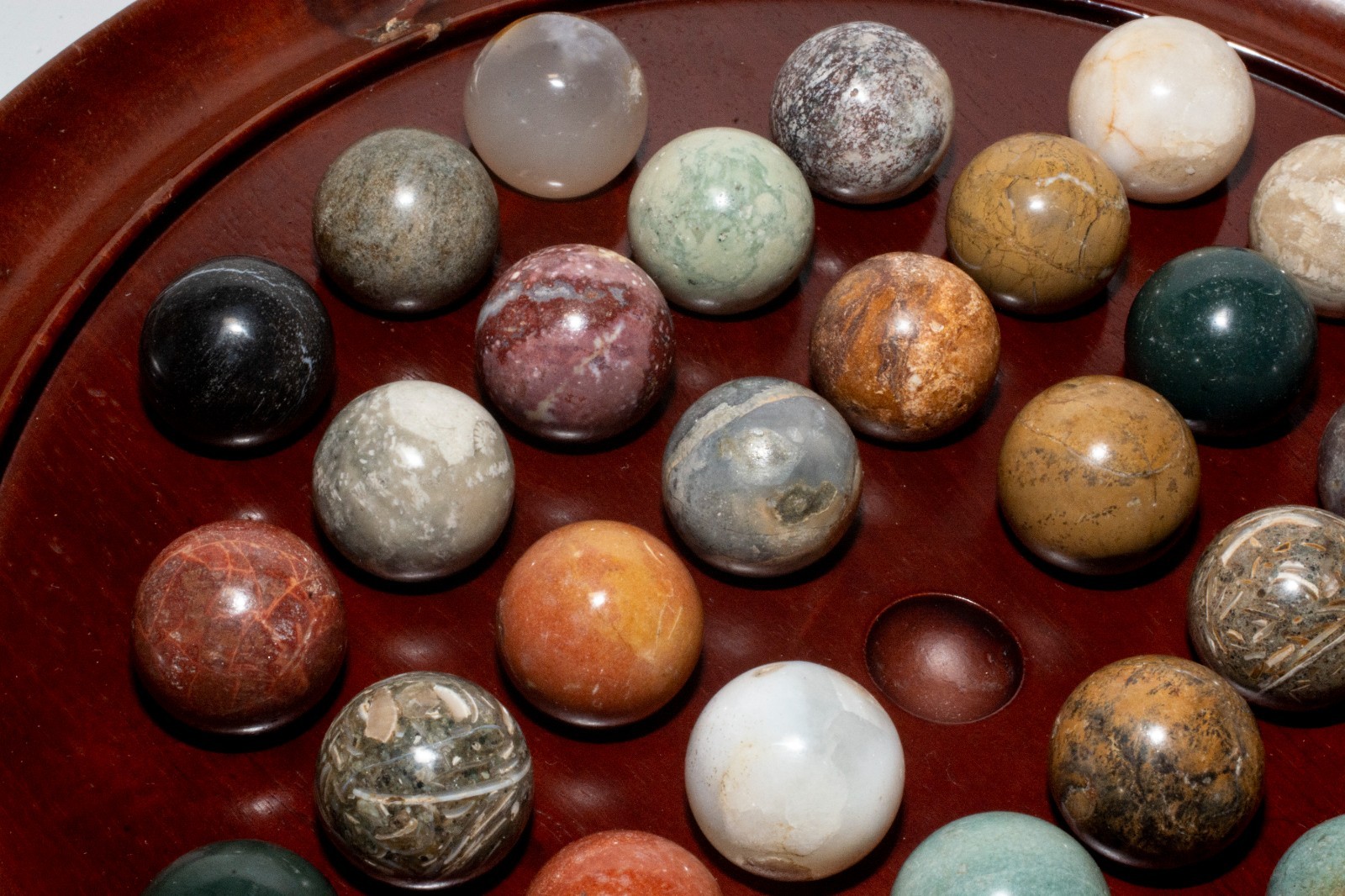 Wooden Solitaire Game 36 Natural Stone Marbles 9.5” Board