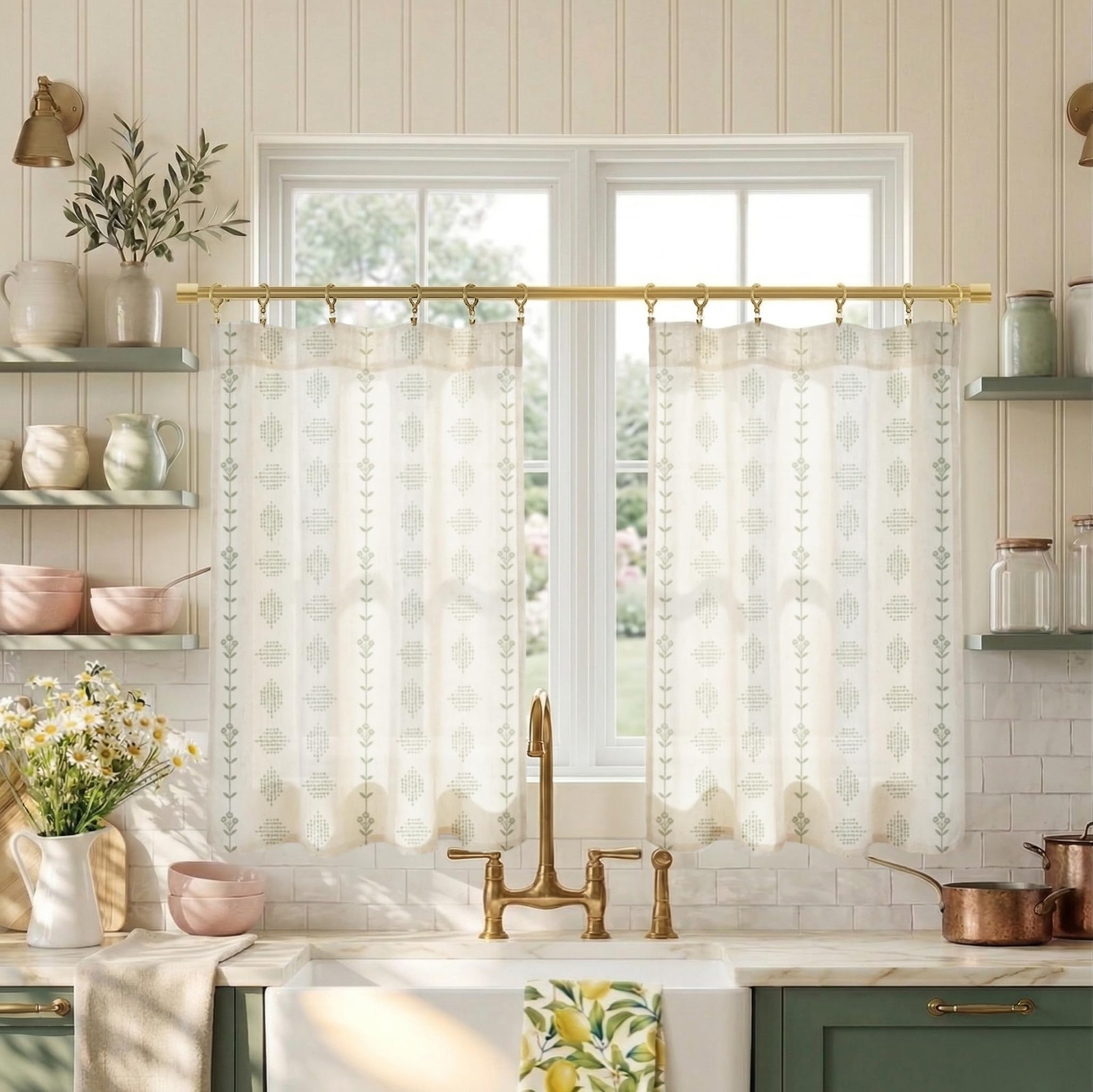 Lino Rosa Cabinet Curtains for Under 24″W x 30″L (Pack of 2), Light Green