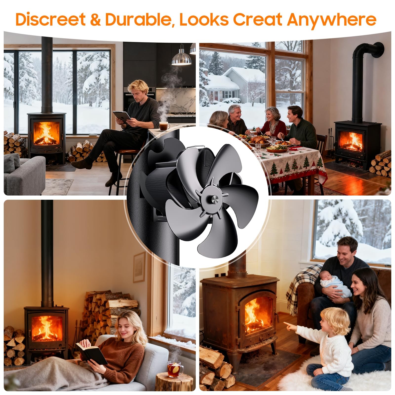 BOBEN Magnetic Wood Stove Fan with Thermometer, Heat Powered Fireplace Black