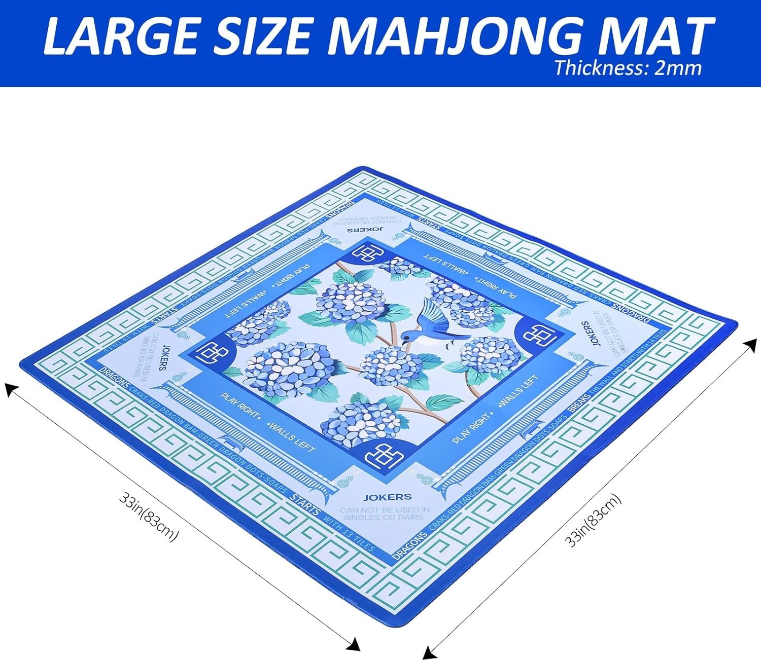 Blue American Learning Mahjong Mat (33”X33”) with Black Carrying Bag, Anti-Slip,